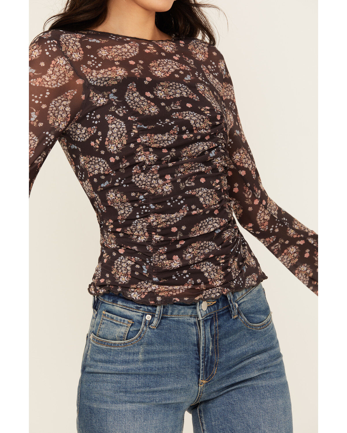 Ash & Violet Women's Paisley Print Mesh Seamed Long Sleeve Top