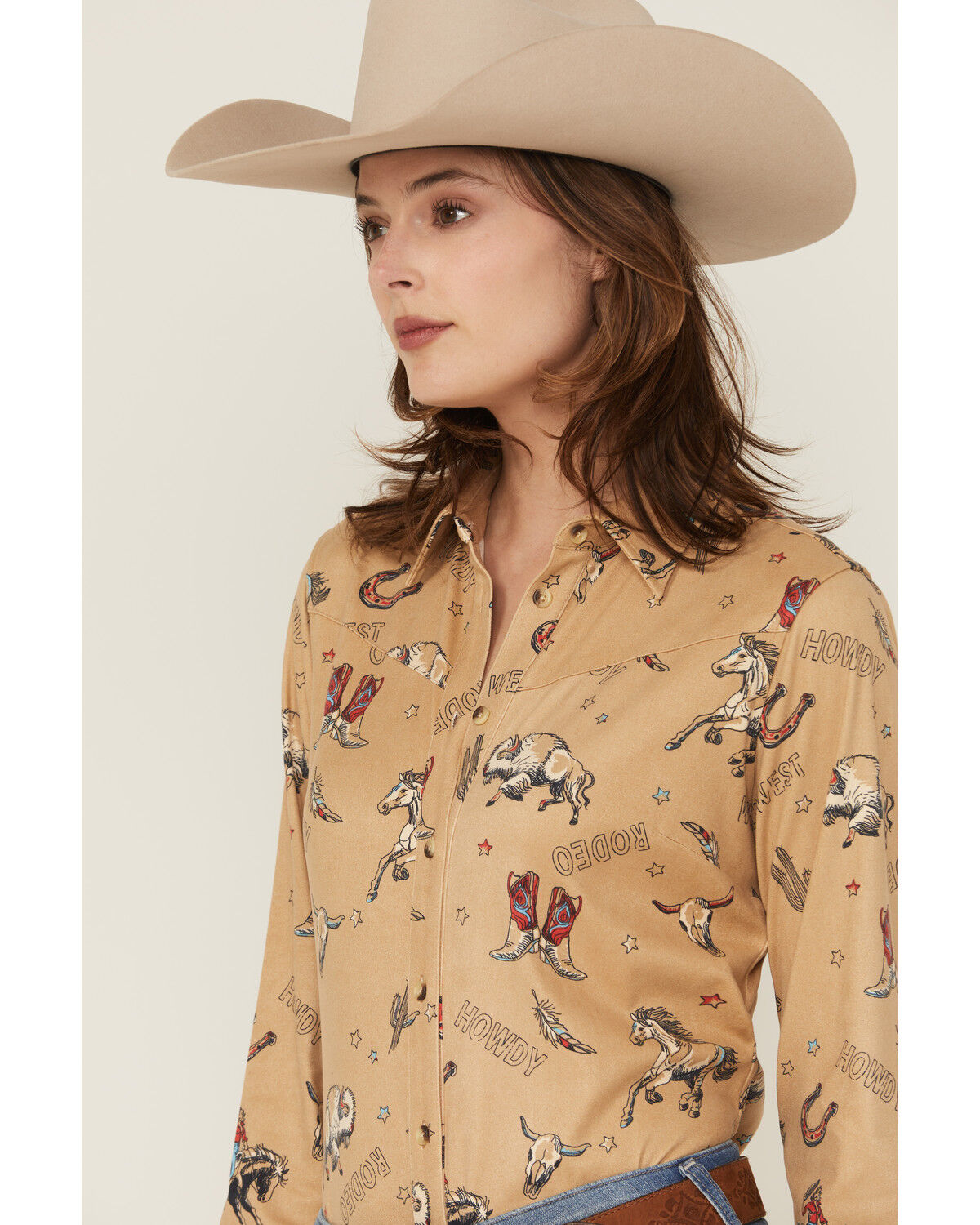 Shyanne Women's Conversational Western Print Faux Suede Long Sleeve Button-Down Western Shirt
