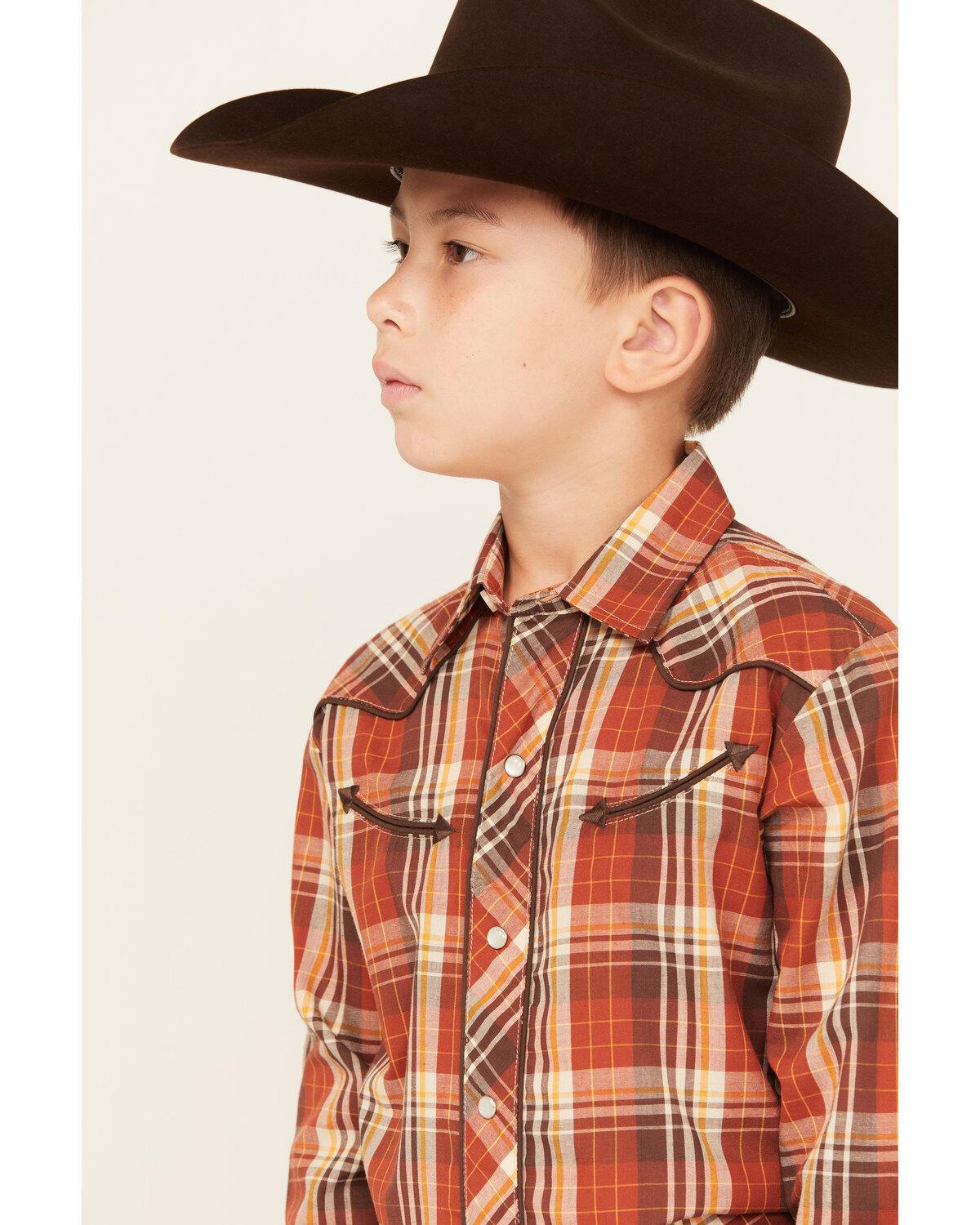 Roper Boys' Plaid Print Cowboy Embroidery Long Sleeve Pearl Snap Western Shirt