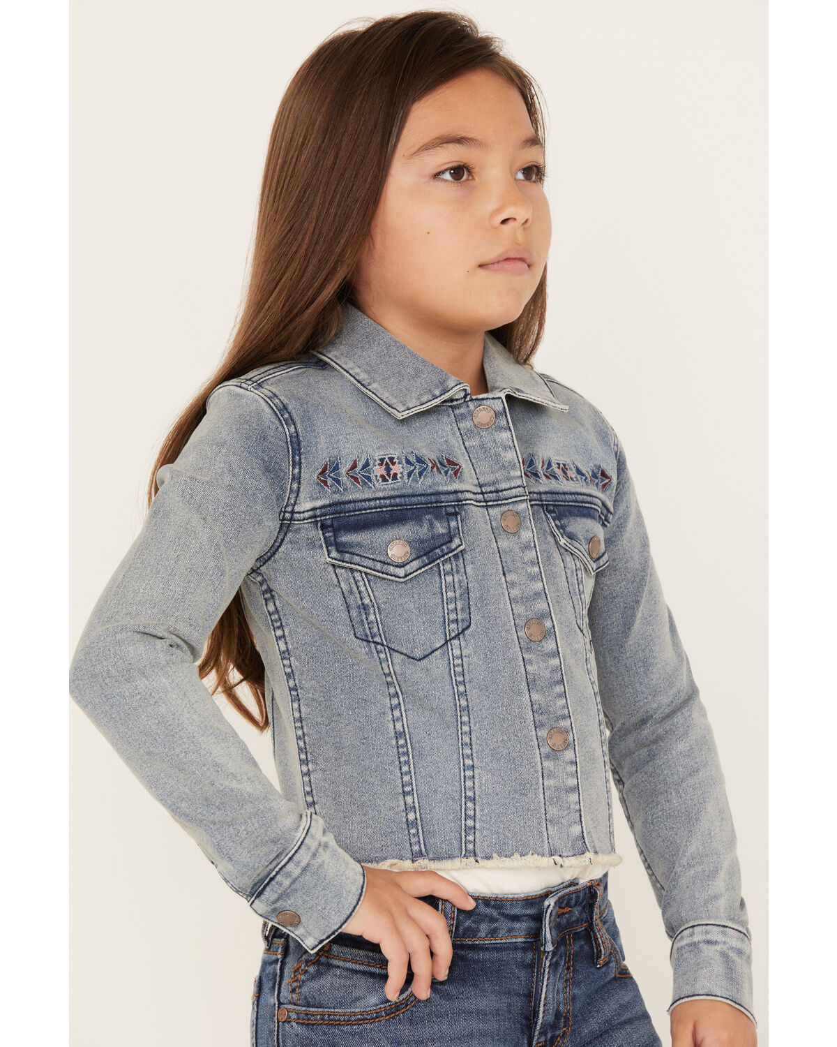 Shyanne Girls' Forks Light Wash Frayed Embroidered Denim Jacket