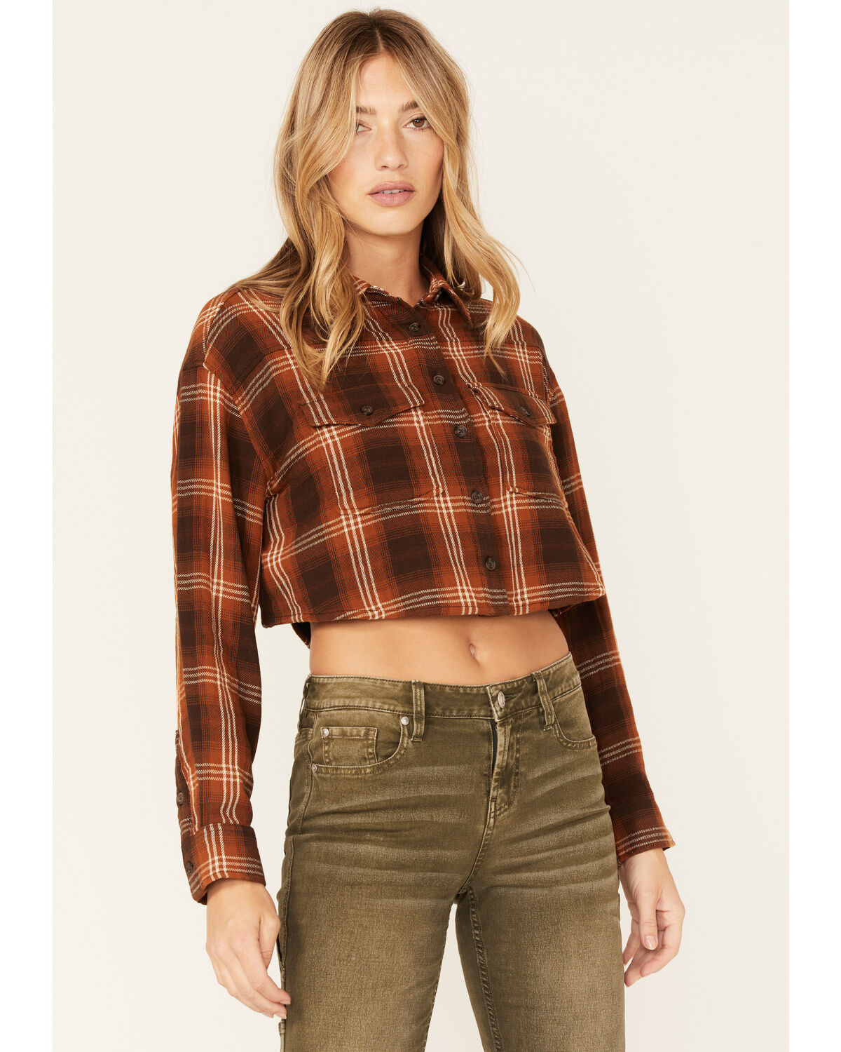 Cleo + Wolf Women's Plaid Print Cropped Shirt