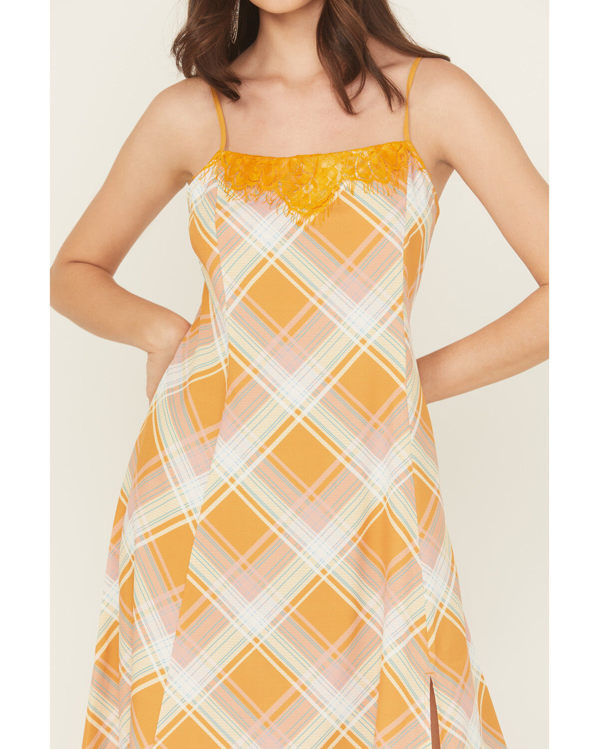 Beyond The Radar Women's Plaid Print Lace Trim Sleeveless Maxi Dress