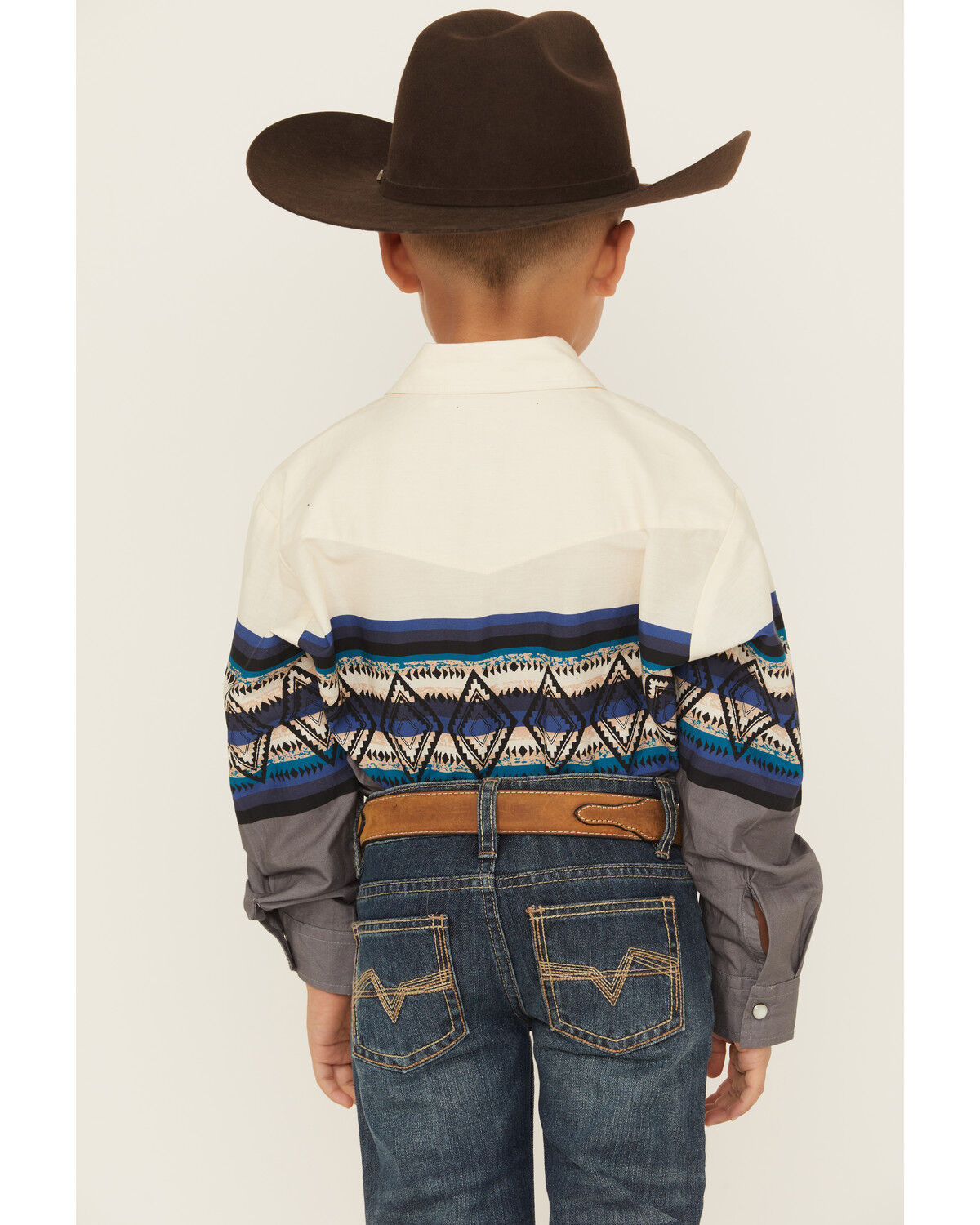 Roper Boys' Southwestern Striped Border Print Long Sleeve Pearl Snap Western Shirt