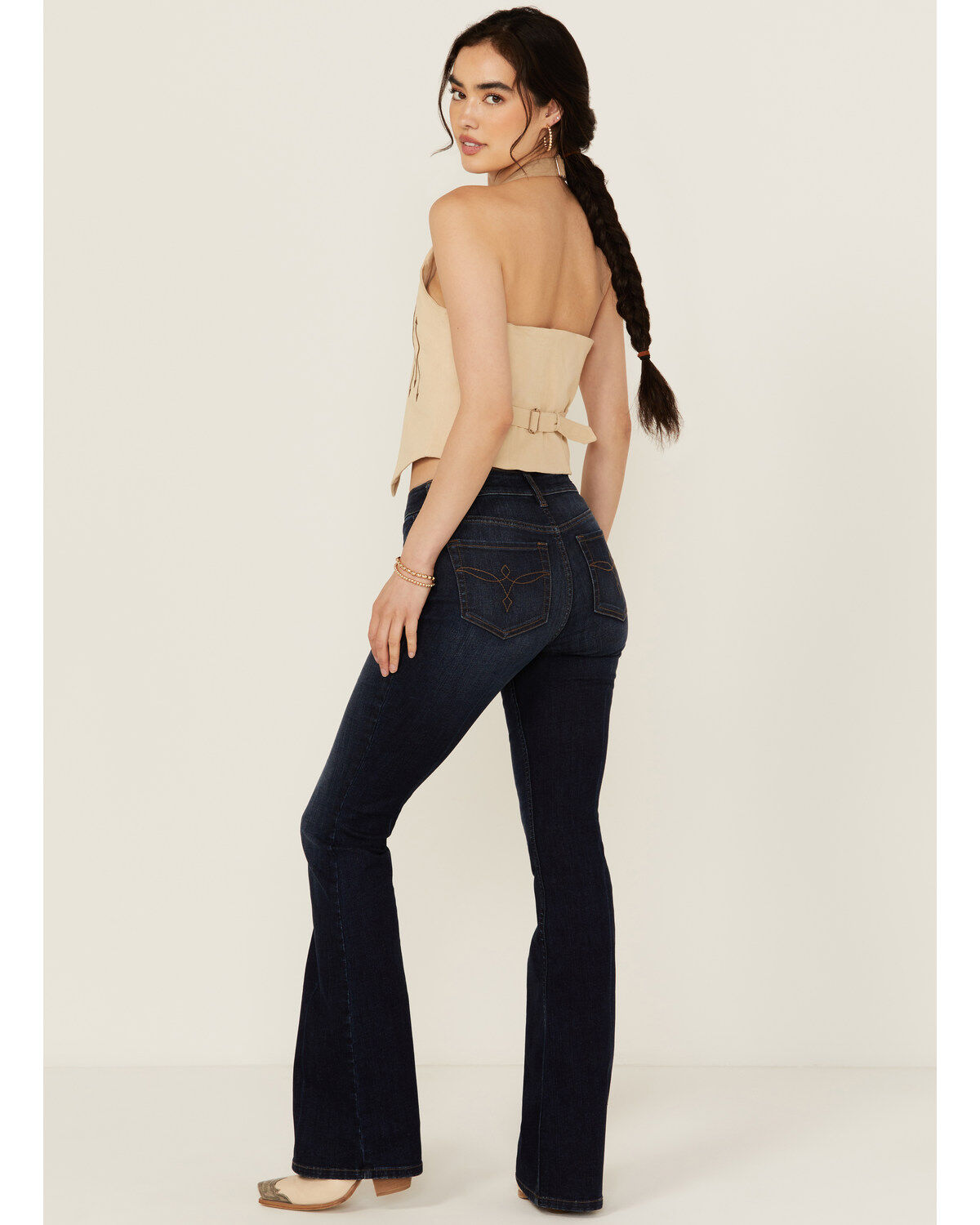 Shyanne Women's Bohemia Dark Wash High Rise Flare Stretch Denim Jeans