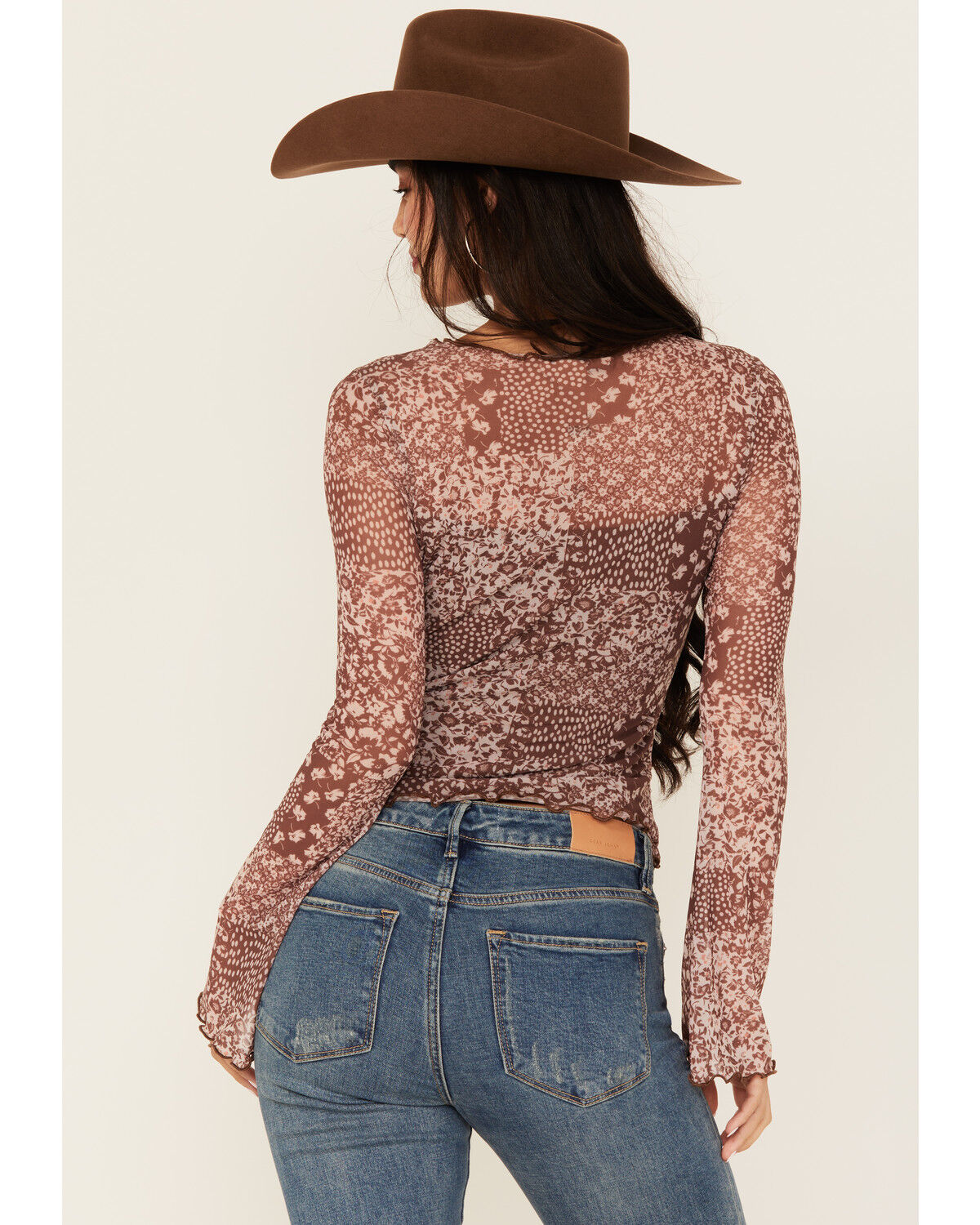 Trixxi Women's Floral Mesh Long Sleeve Seamed Top