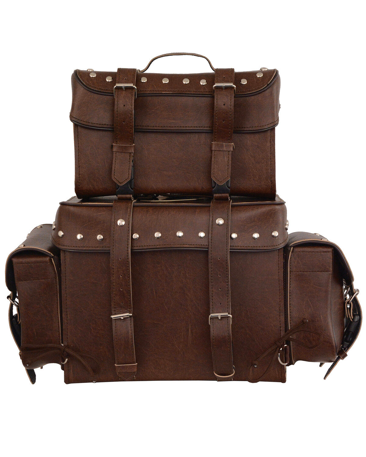 Milwaukee Leather Large Antique Four Piece Studded PVC Touring Pack With Barrel Bag