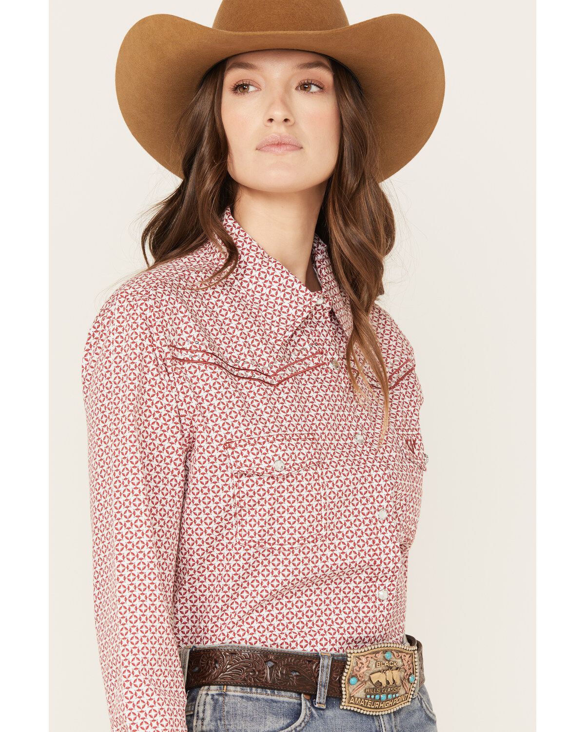 Cowgirl Hardware Women's Geo Print Long Sleeve Western Pearl Snap Shirt