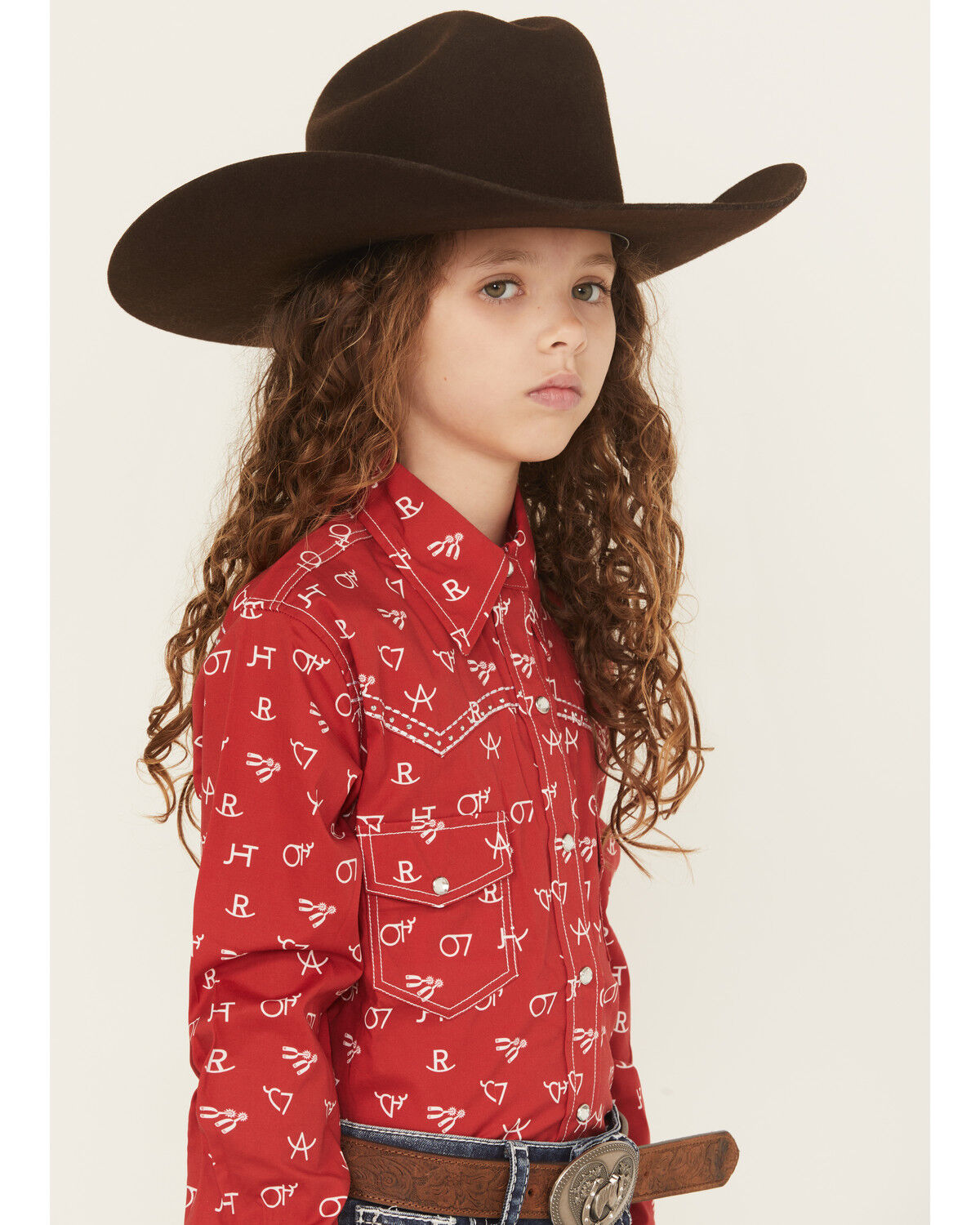 Cowgirl Hardware Girls' Brand Iron Print Long Sleeve Snap Stretch Western Shirt