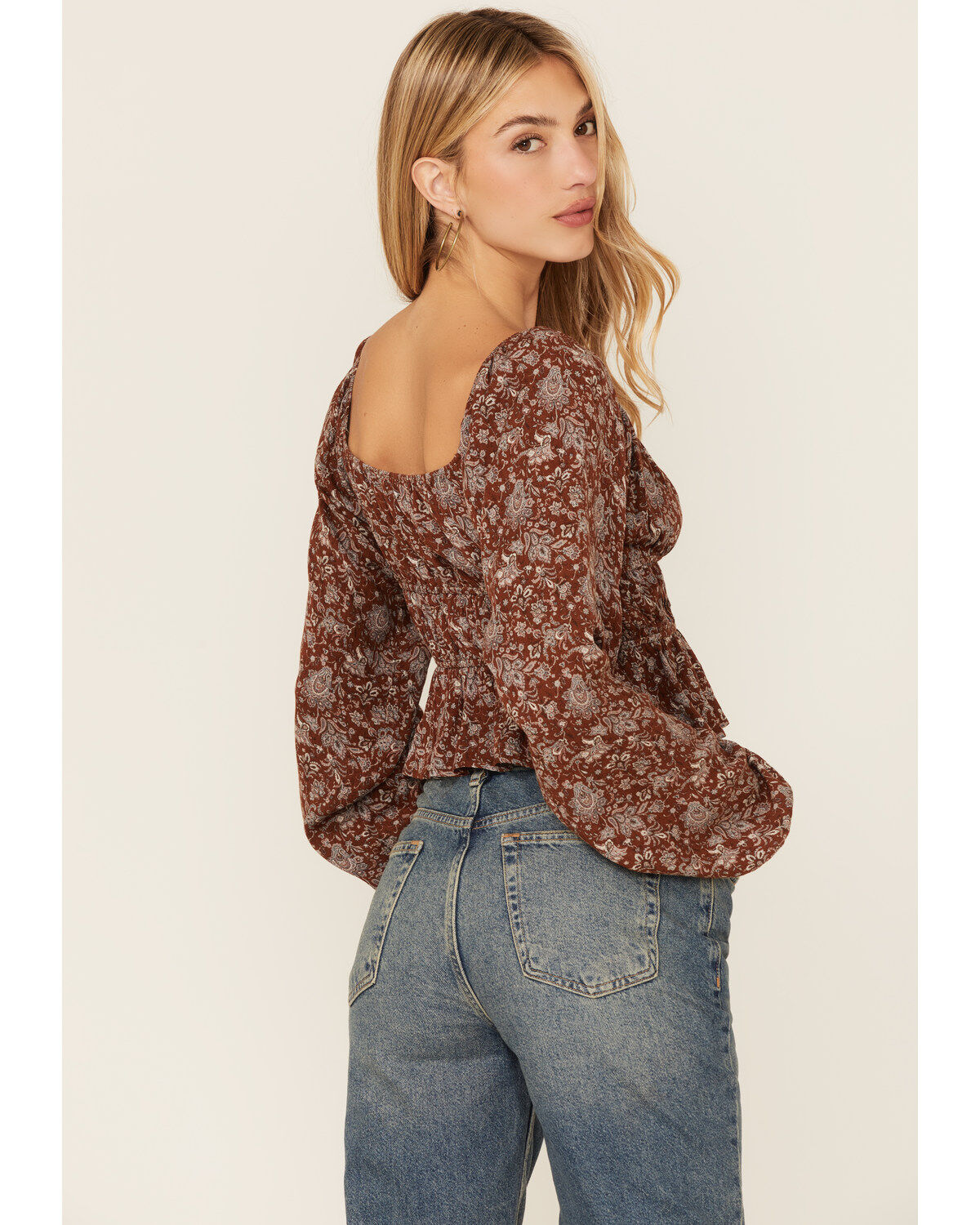 Wild Moss Long Sleeve Tie Front Ranched Floral Top