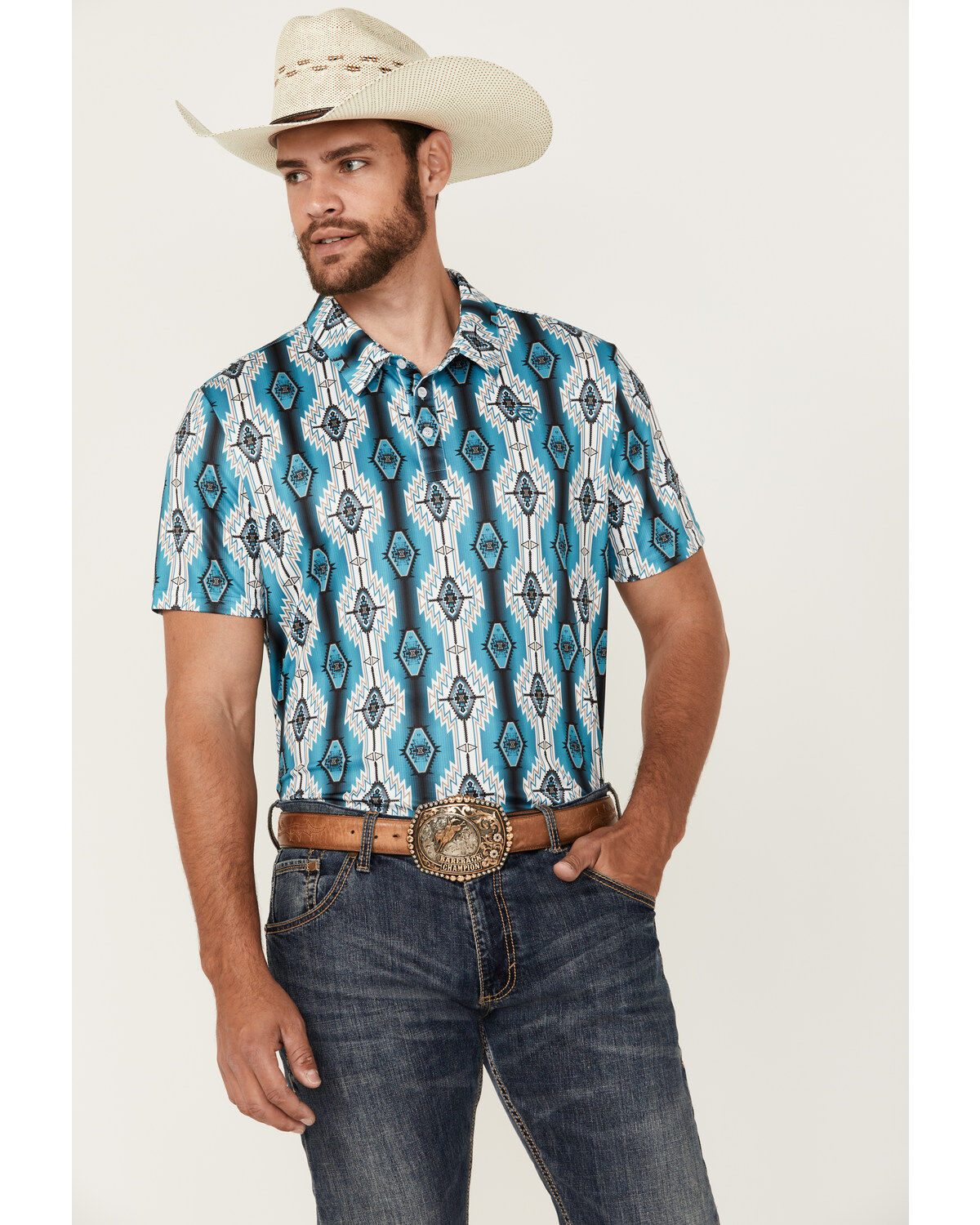 Rock & Roll Denim Men's Southwestern Print Short Sleeve Polo Shirt