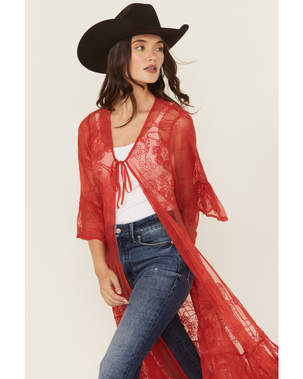 Shyanne Women's Tie-Front Embroidered Mesh Kimono