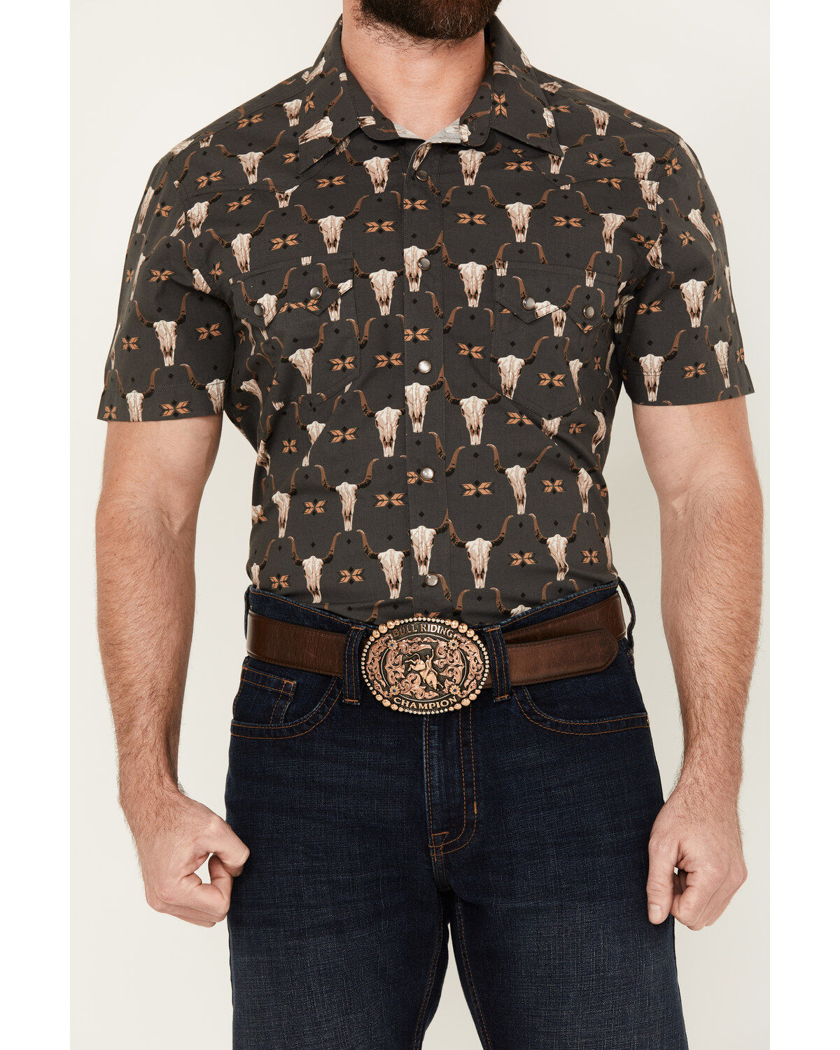 Rock & Roll Denim Men's Vintage 46 Steerhead Print Short Sleeve Snap Stretch Western Shirt