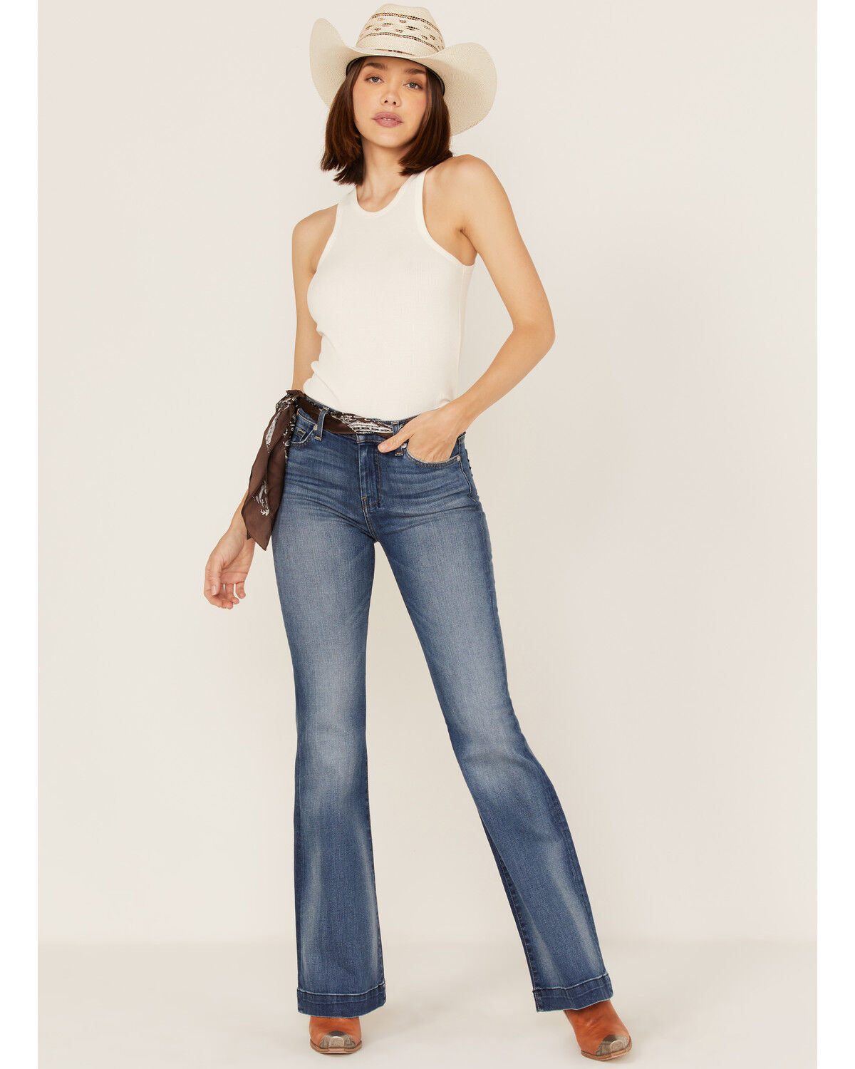 7 For all Mankind Women's Medium Wash Mid Rise Tailorless Dojo Trouser Stretch Denim Jeans