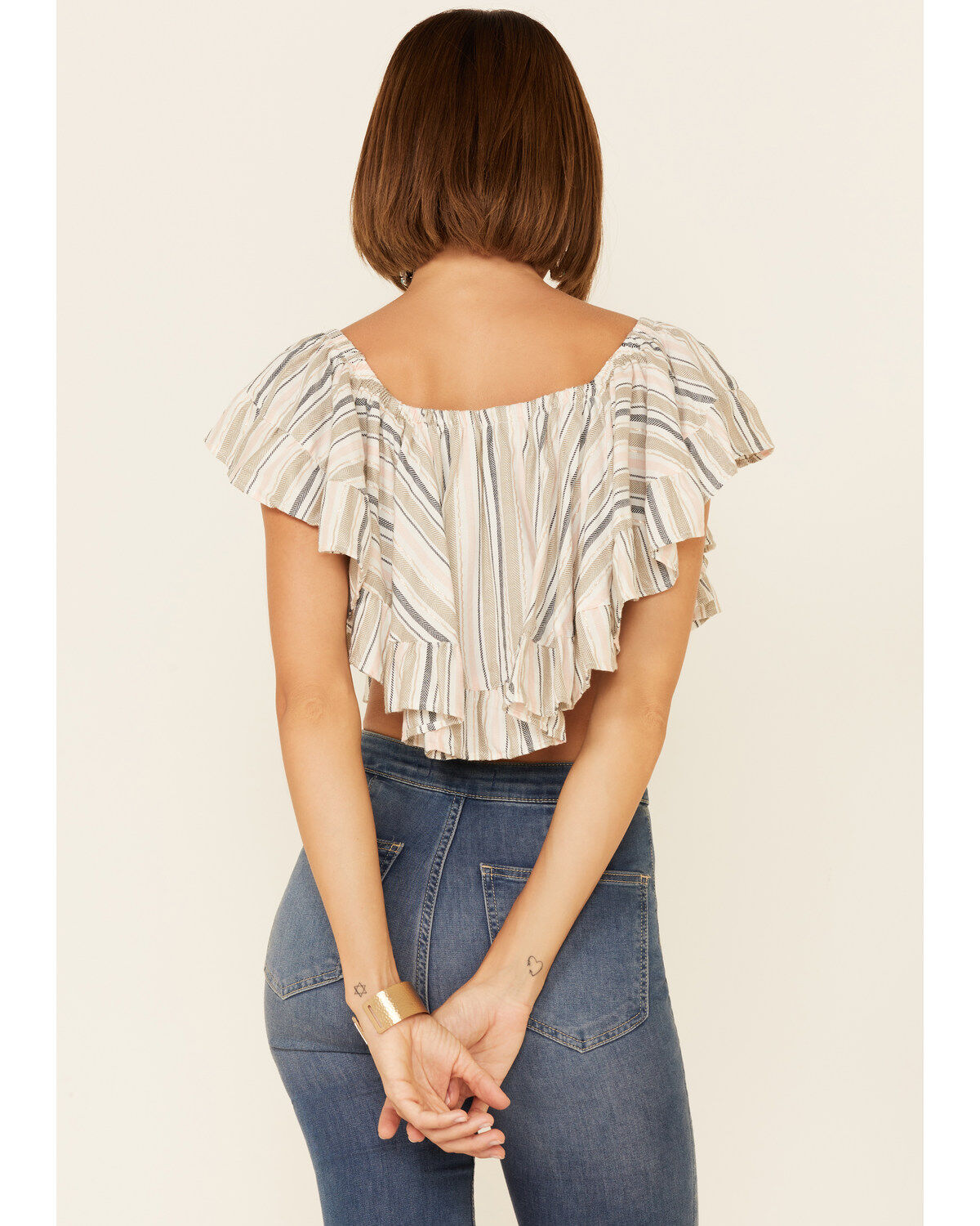 Angie Women's Stripe Butterfly Short Sleeve Crop Top