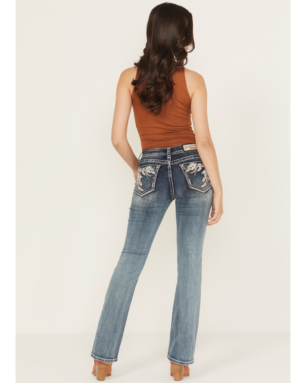 Grace in LA Women's Medium Wash Floral Embroidered Mid Rise Bootcut Stretch Denim Jeans