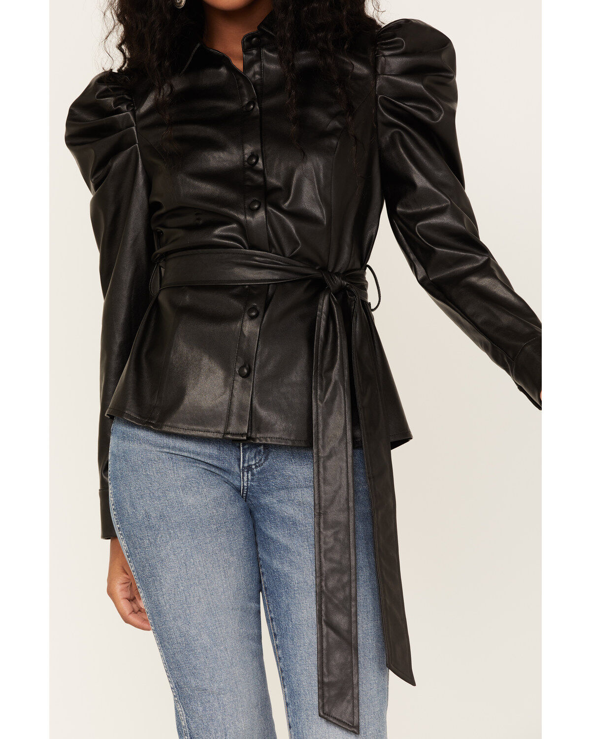 Flying Tomato Women's Faux Leather Puff Sleeve Shirt