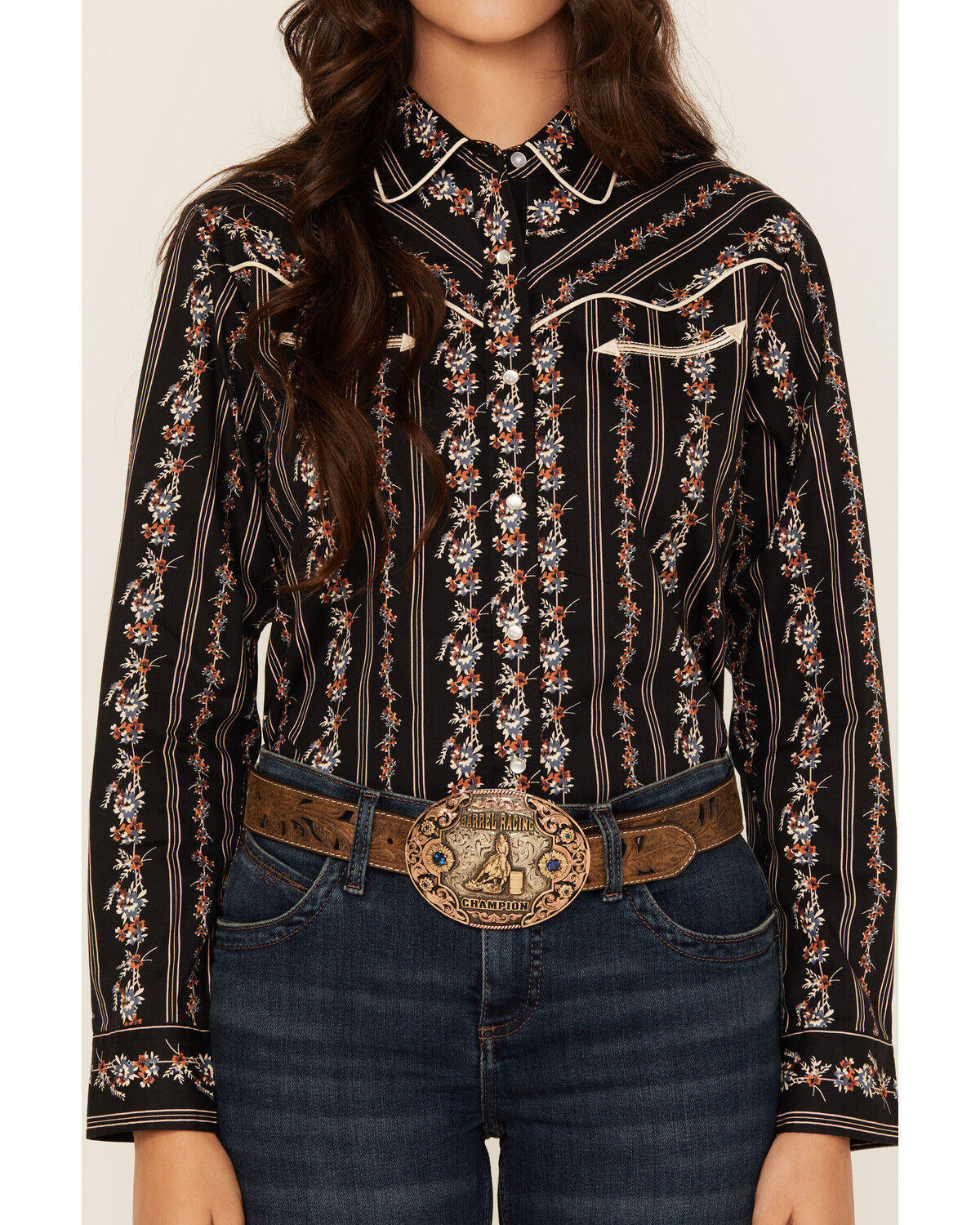 Ely Walker Women's Floral Wallpaper Print Long Sleeve Snap Stretch Western Shirt