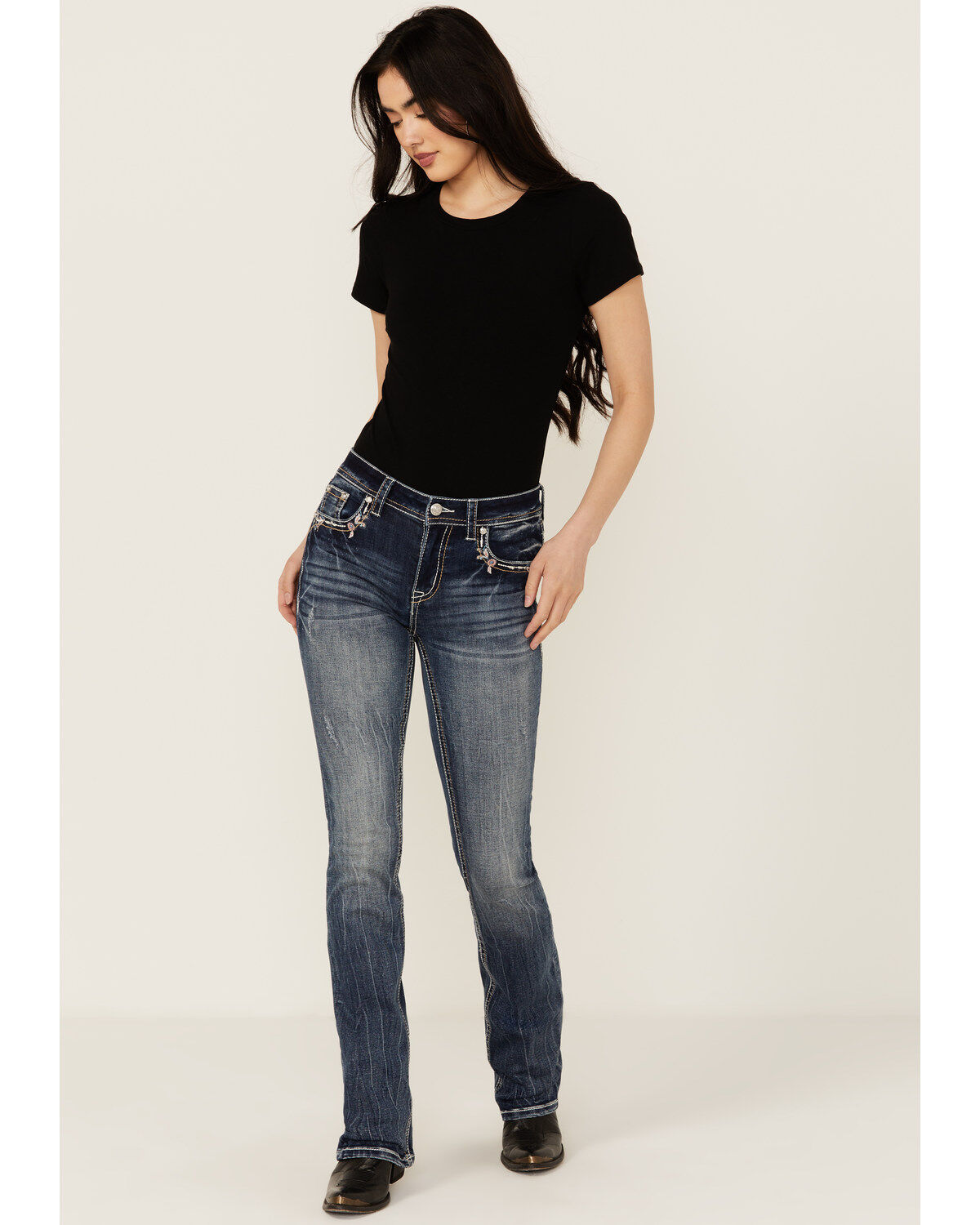 Grace In LA Women's Medium Wash Floral Paisley Embroidered Mid Rise Bootcut Stretch Denim Jeans