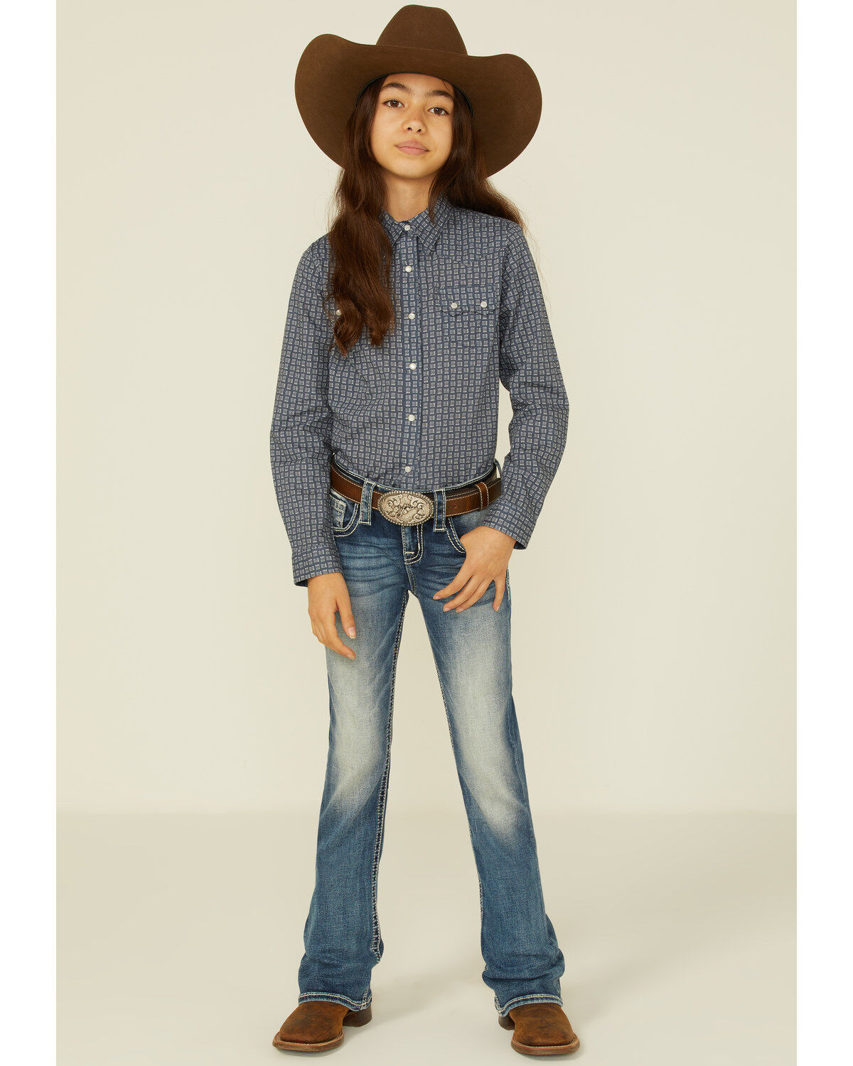 Roper Girls' Checkered Arrow Print Long Sleeve Pearl Snap Western Shirt