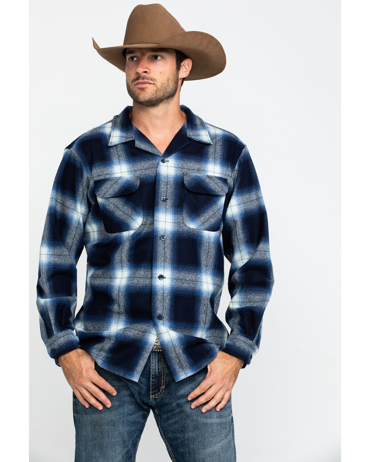 Pendleton Men's Navy Board Oxford Plaid Long Sleeve Western Shirt