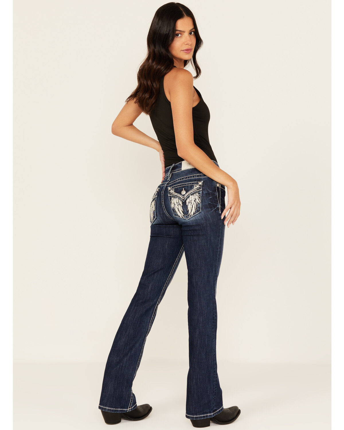 Miss Me Women's Dark Wash Mid Rise Feather Pocket Bootcut Stretch Denim Jeans