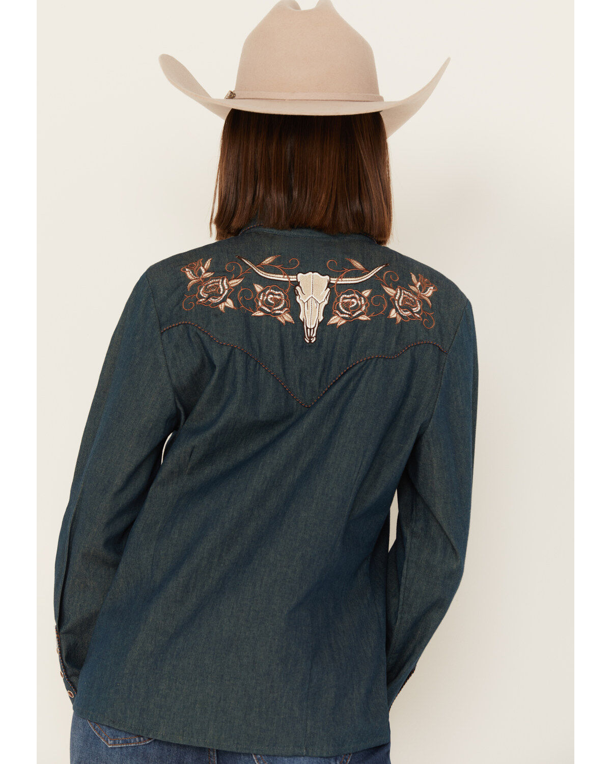 Scully Women's Rose Embroidered Denim Long Sleeve Pearl Snap Western Shirt
