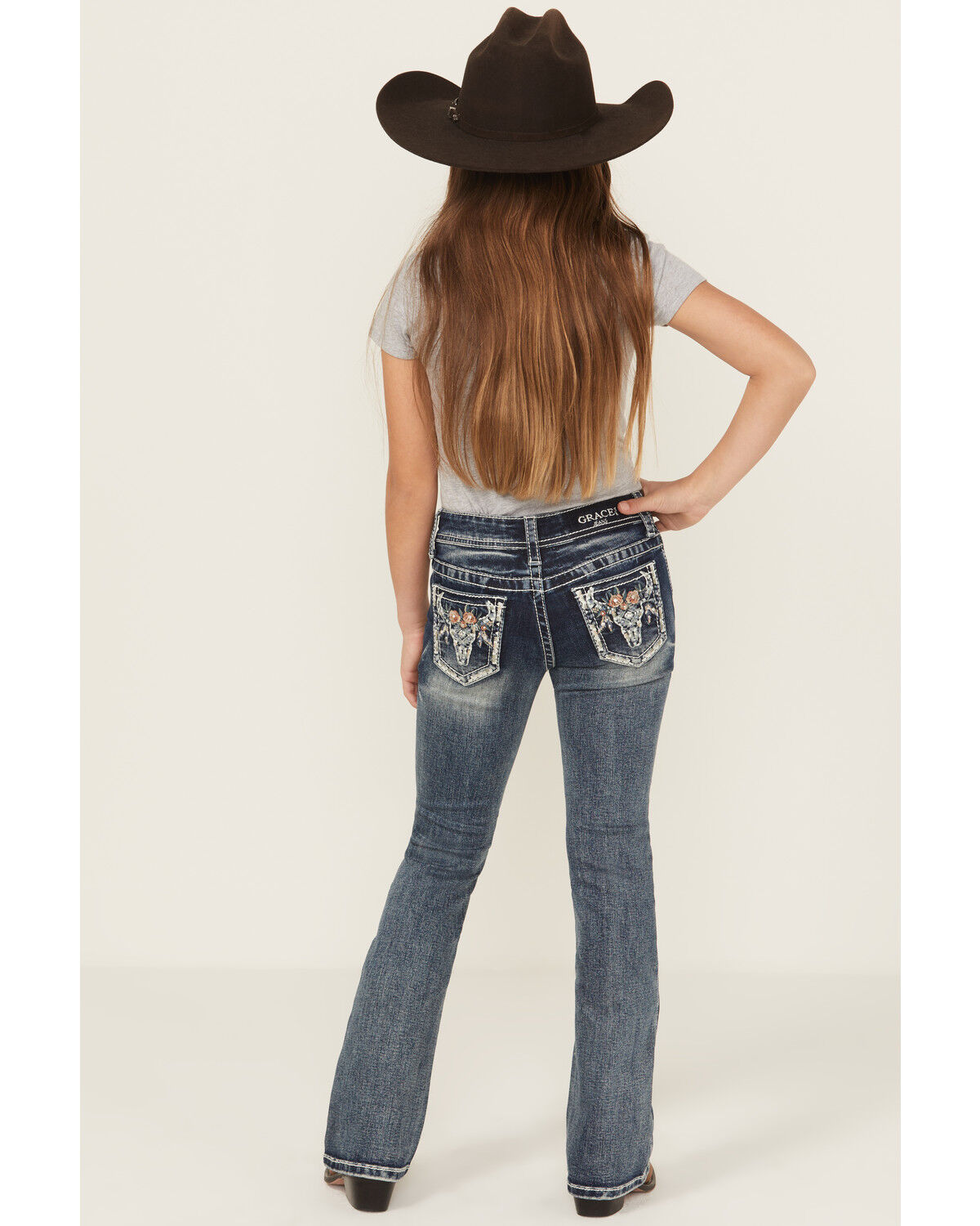 Grace In La Girls' Floral Steerhead Embroidered And Embellished Bootcut Stretch Denim Jeans