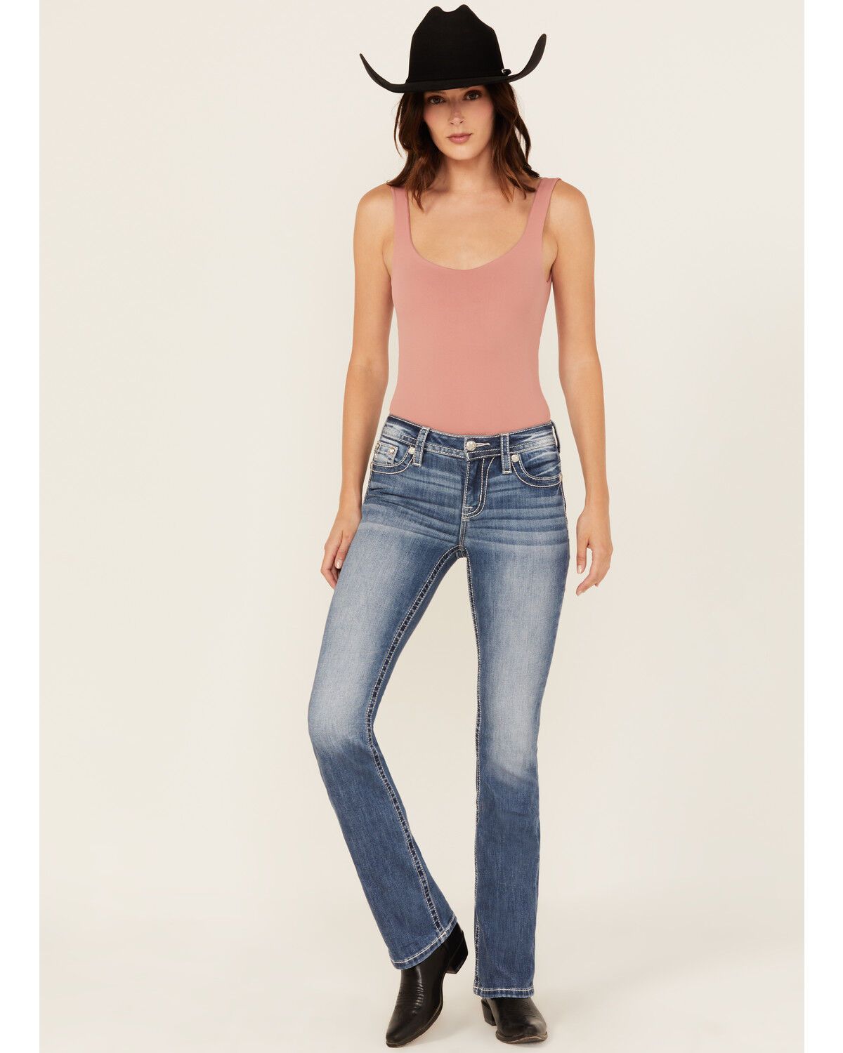 Miss Me Women's Medium Wash Mid Rise Horseshoe Pocket Bootcut Stretch Denim Jeans