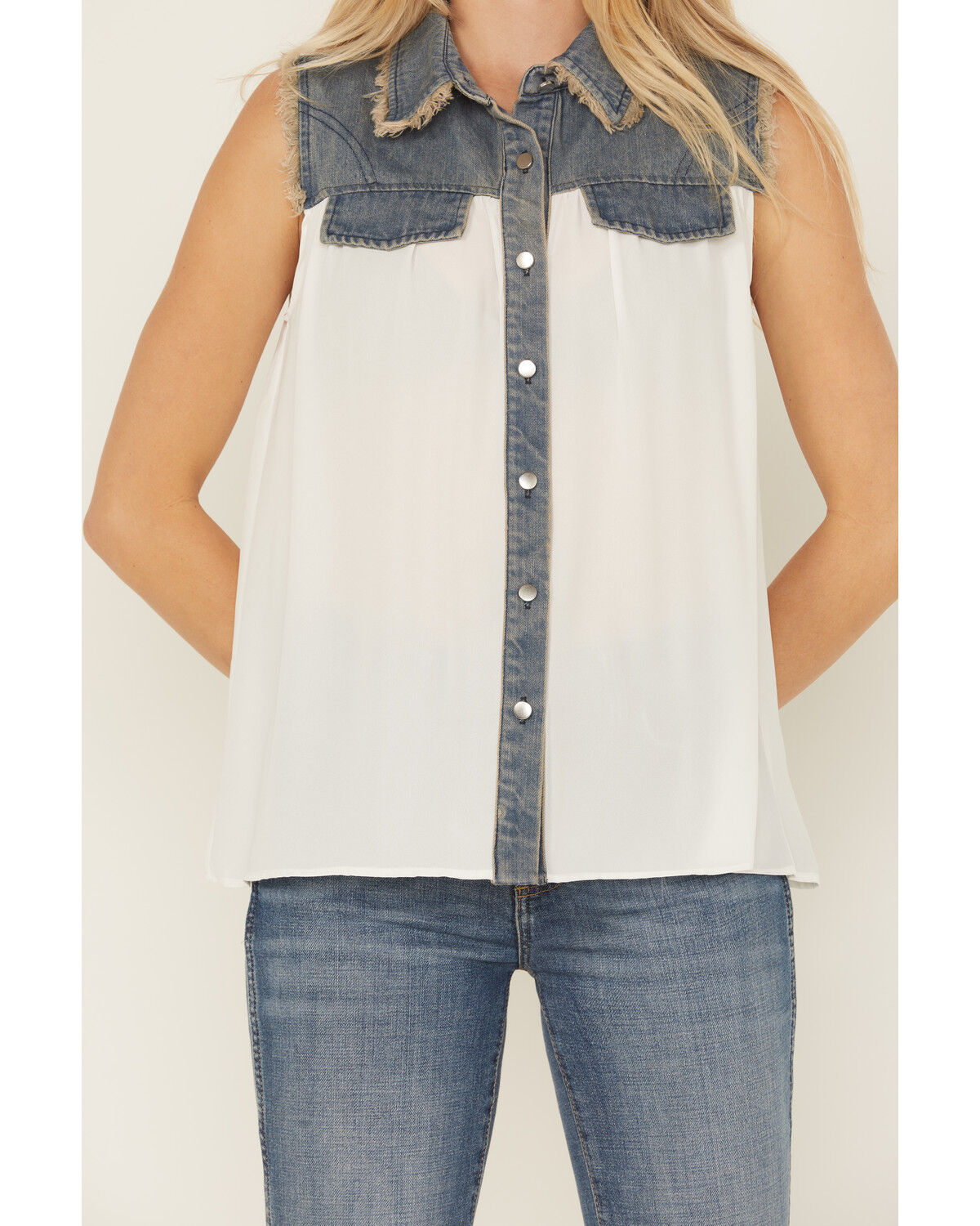 Cowgirl Hardware Women's Sleeveless Denim Chiffon Blouse