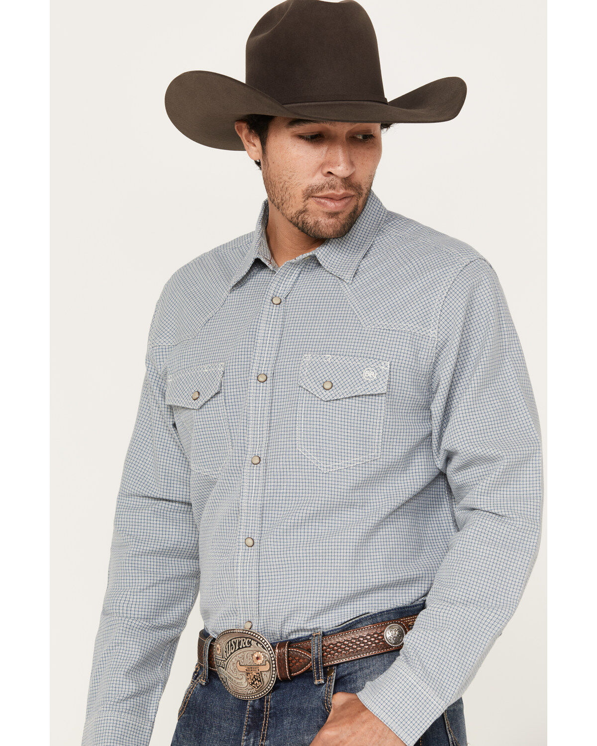 Blue Ranchwear Men's Plaid Print Long Sleeve Western Pearl Snap Shirt