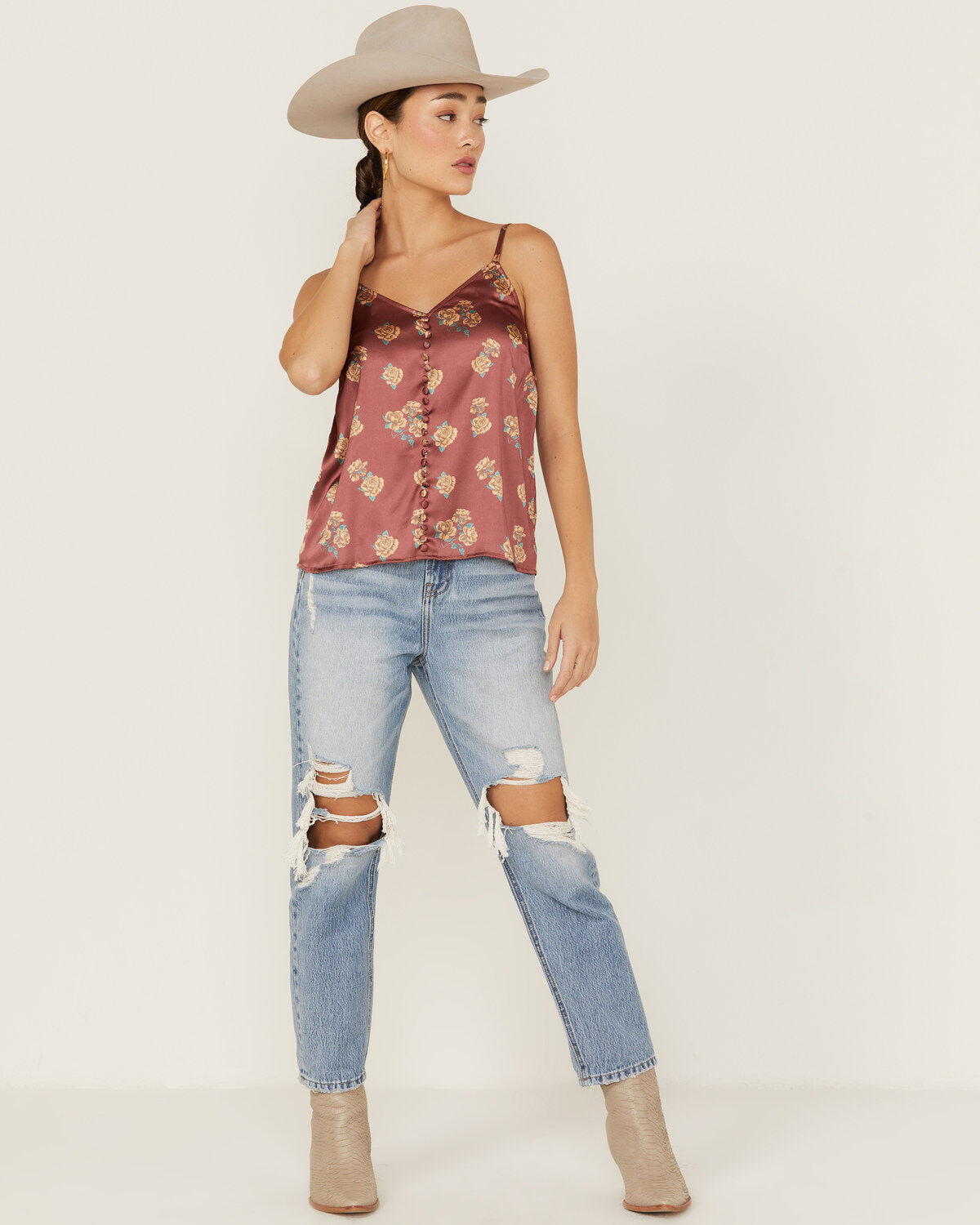 Panhandle Women's Floral Satin Button Front Cami