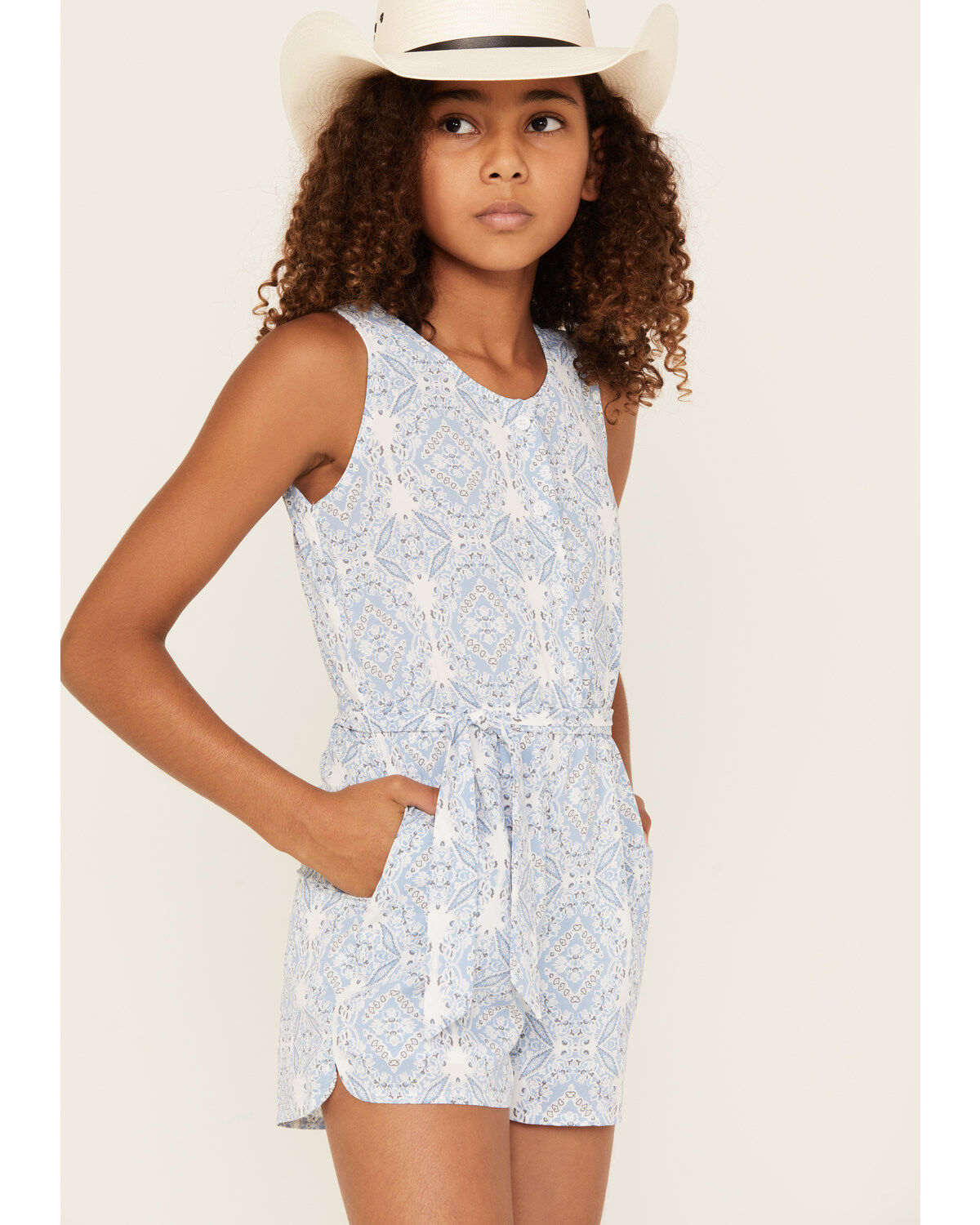 Hayden LA Girls' Print Sleeveless Waist Tie Romper