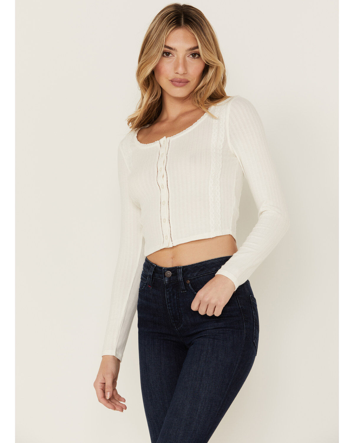 Idyllwind Women's Daisy Trail Pointelle Button Front Long Sleeve Top