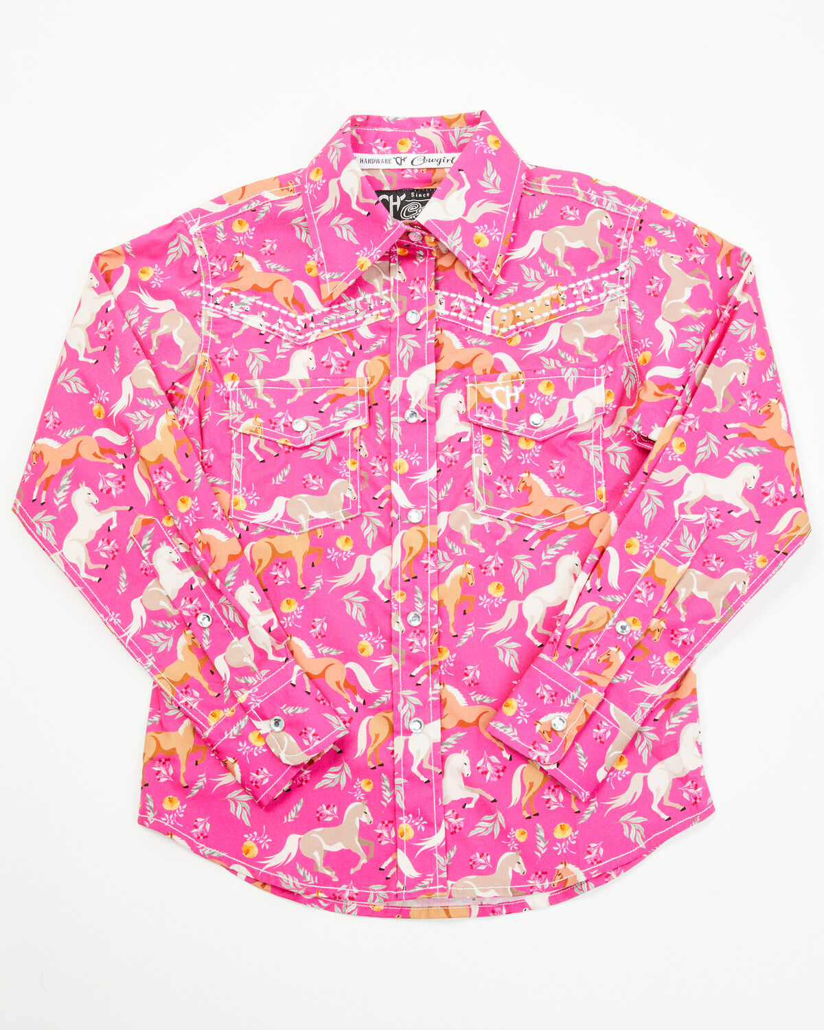 Cowgirl Hardware Toddler Girls' Horse and Flower Print Long Sleeve Snap Stretch Western Shirt