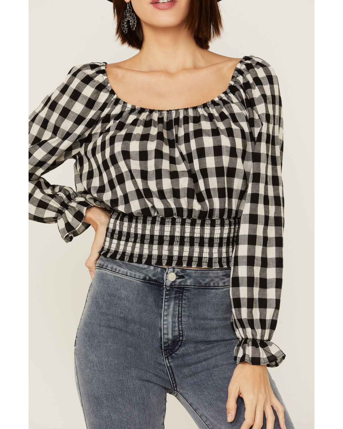 Beyond The Radar Women's Gingham Tie Back Smocked Blouse