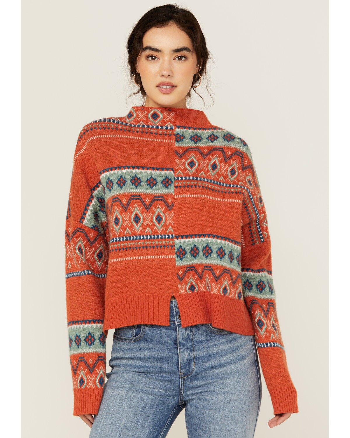 Rock & Roll Denim Women's Southwestern Patched Pullover Sweater