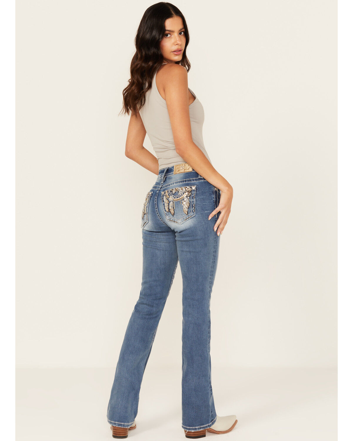 Miss Me Women's Dark Wash Mid Rise Dream Catcher Pocket Bootcut Stretch Denim Jeans