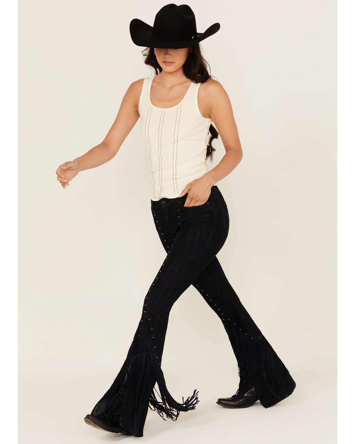 Idyllwind Women's Magnolia Dark Wash Outlaw High Rise Studded Fringe Super Stretch Flare Jeans