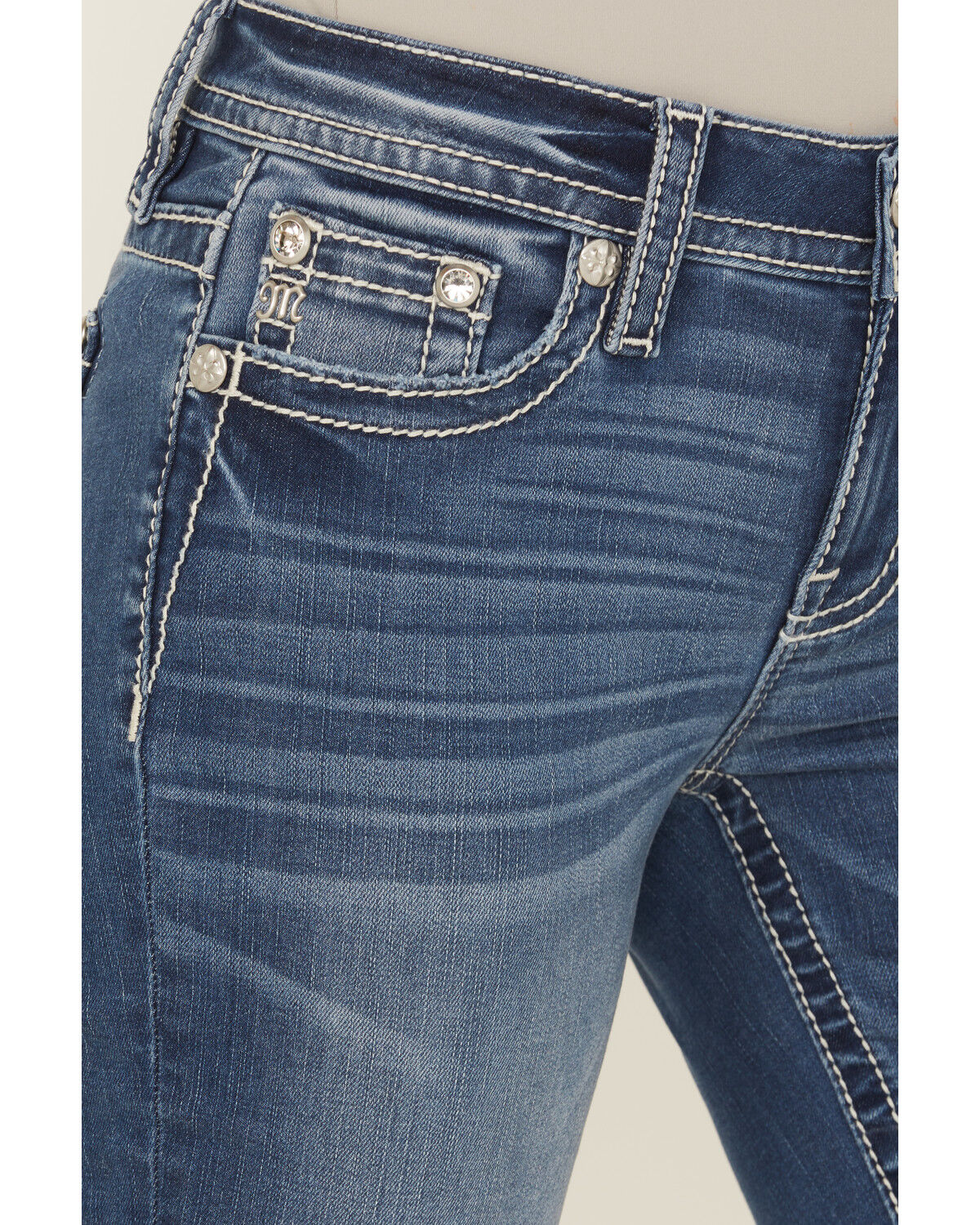 Miss Me Women's Medium Wash Mid Rise Fleur de Lis Pocket Bootcut Stretch Denim Jeans