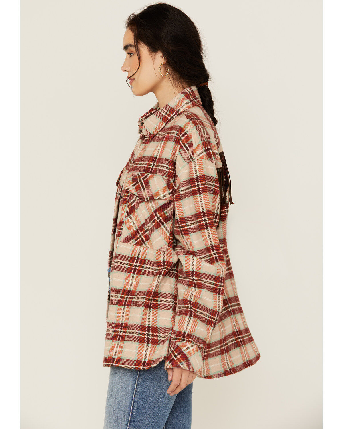Rock & Roll Denim Women's Plaid Print Fringe Snap Shacket