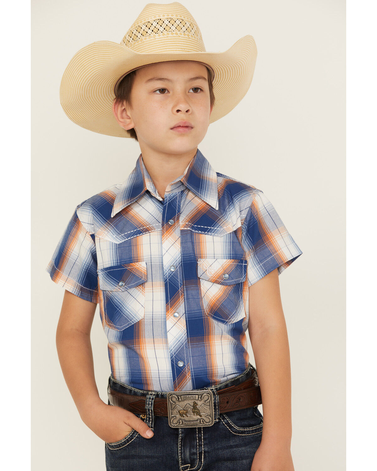 Cowboy Hardware Boys' Plaid Print Short Sleeve Snap Western Shirt