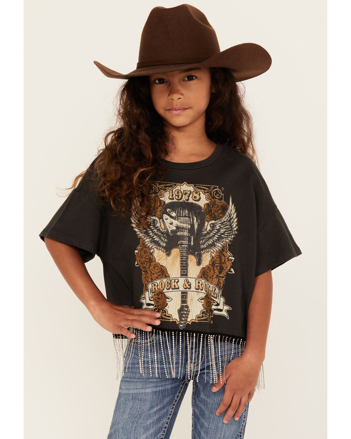 La La Land Girls' Guitar Short Sleeve Fringe Graphic Tee