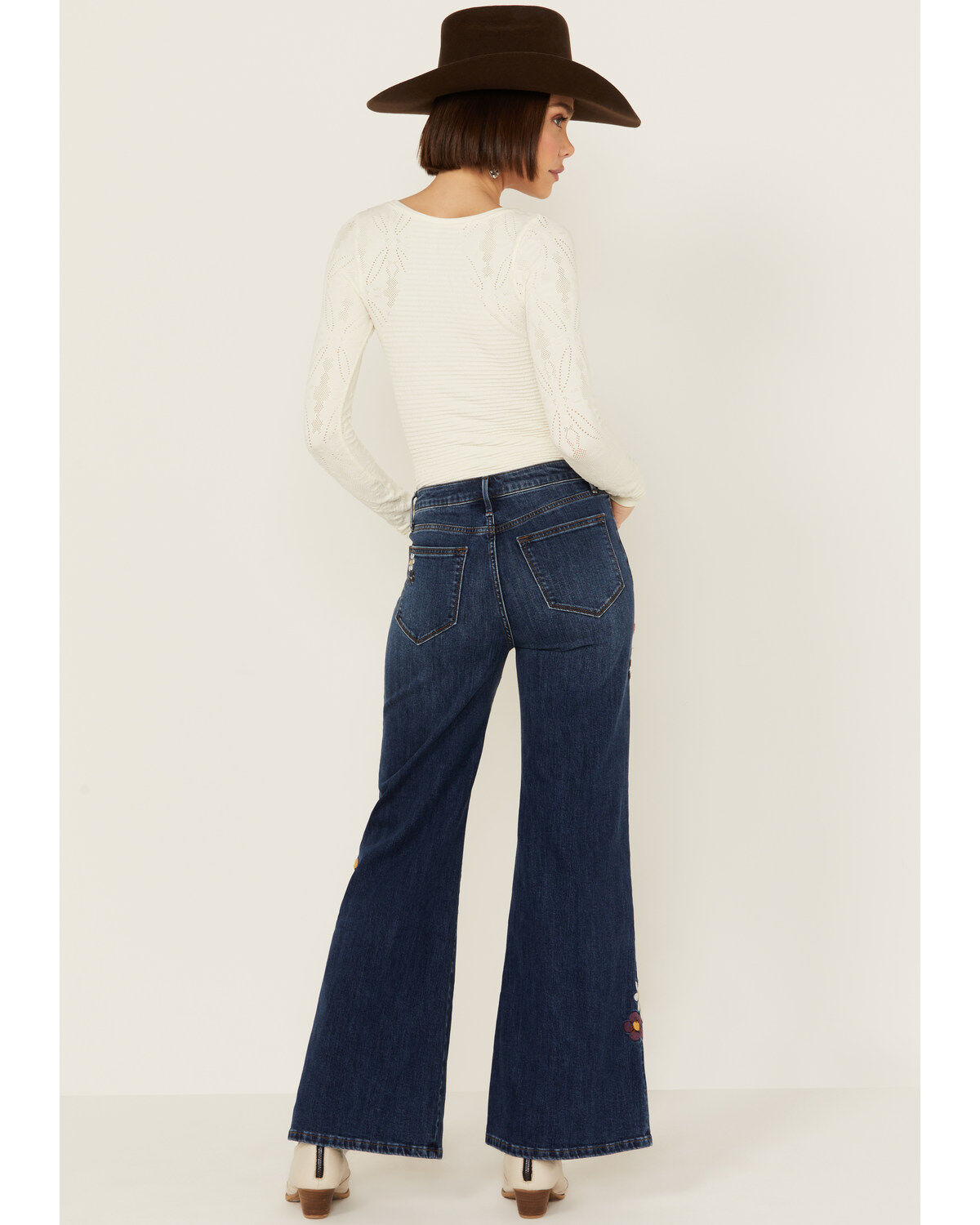 Driftwood Women's Mona X Boogie Nights Dark Wash High Rise Floral Embroidered Flare Stretch Denim Jeans