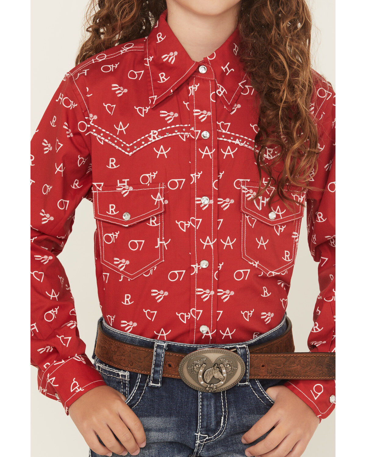 Cowgirl Hardware Girls' Brand Iron Print Long Sleeve Snap Stretch Western Shirt