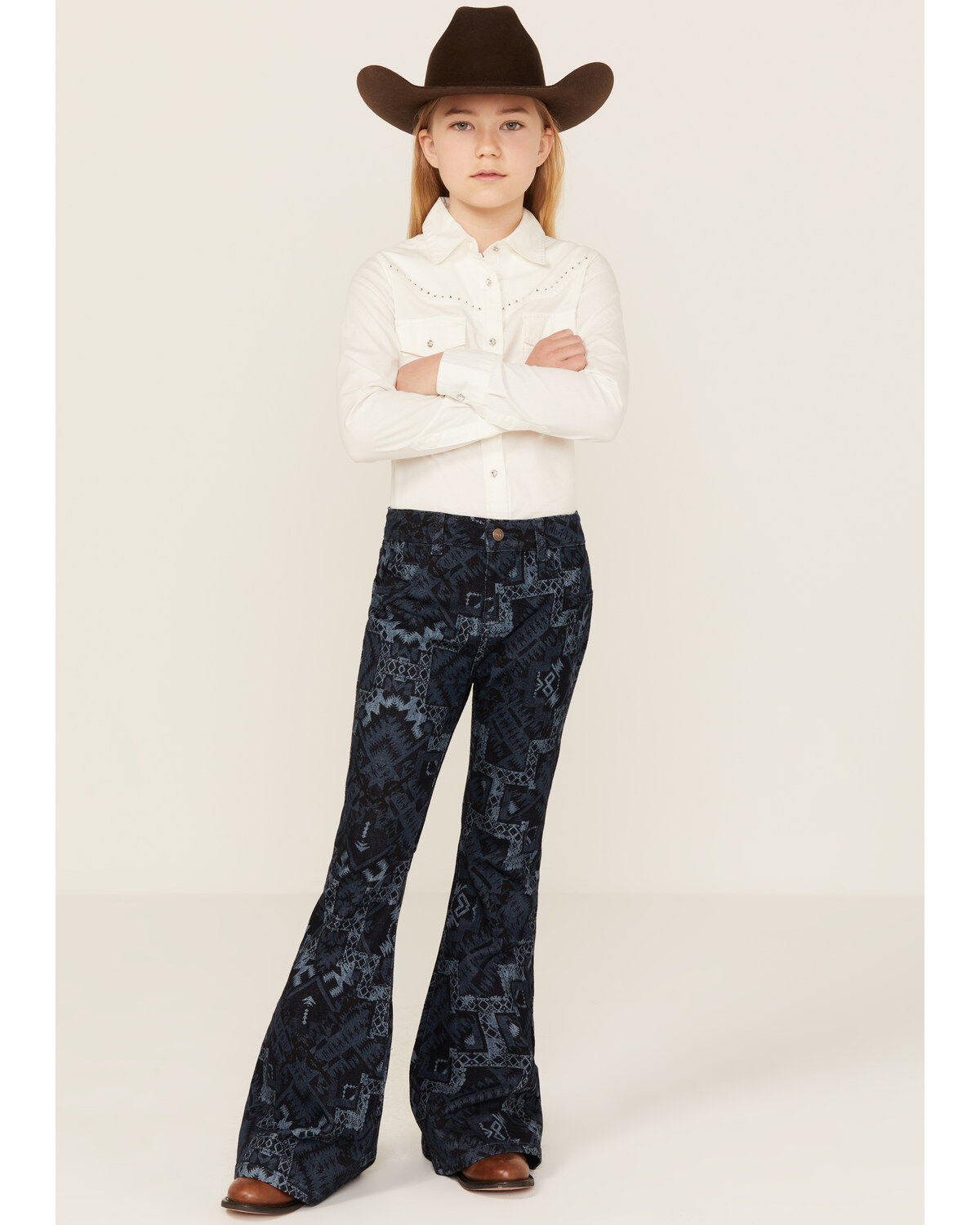 Shyanne Girls' Dark Wash Allover Printed Flare Jeans