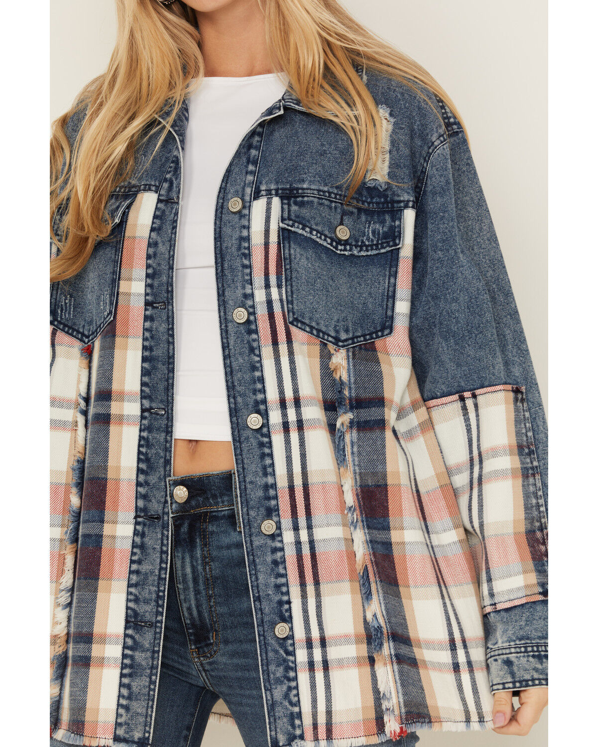 26 International Women's Plaid Print Long Sleeve Button-Down Denim Shacket