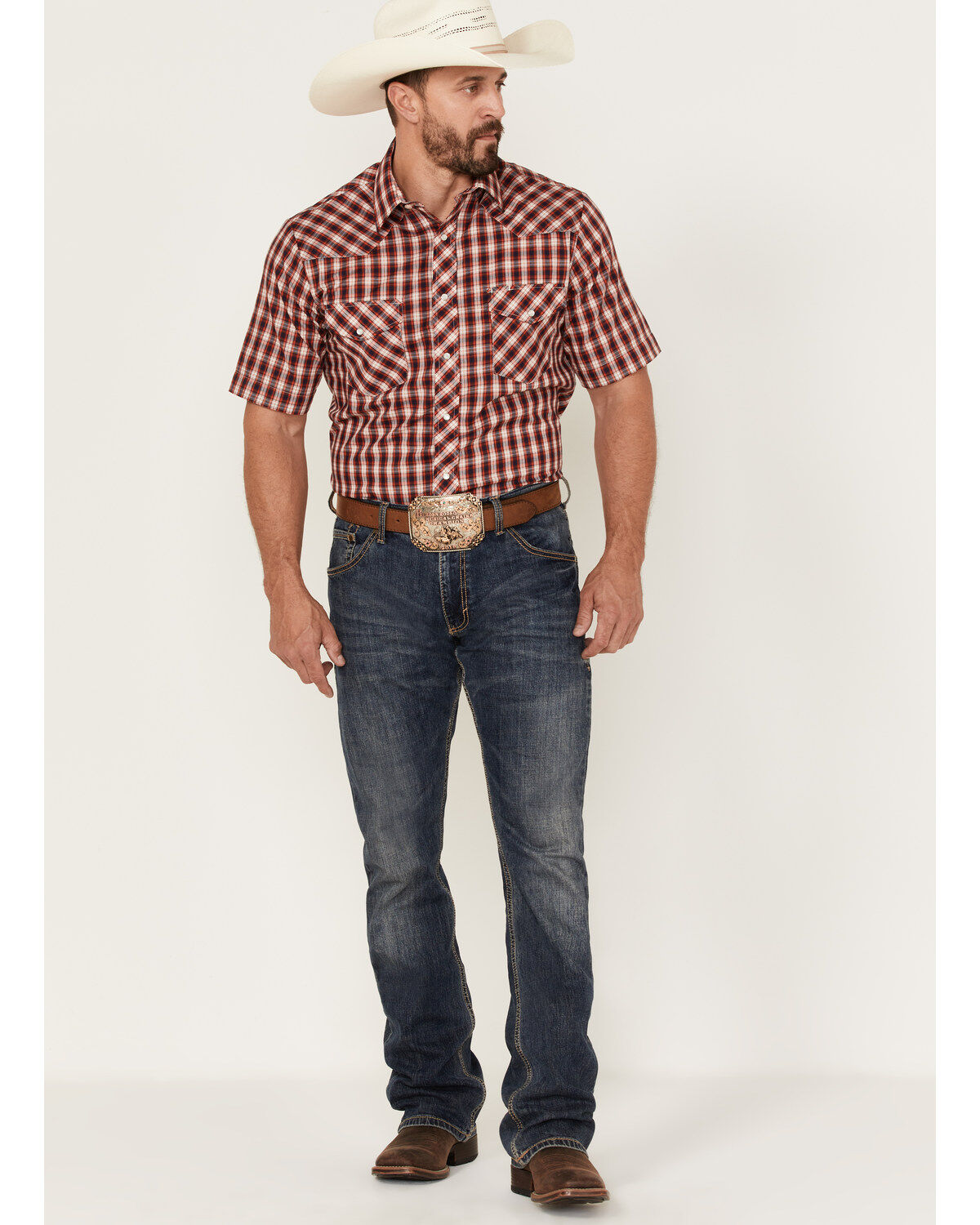 Roper Men's Classic Small Plaid Short Sleeve Pearl Snap Western Shirt