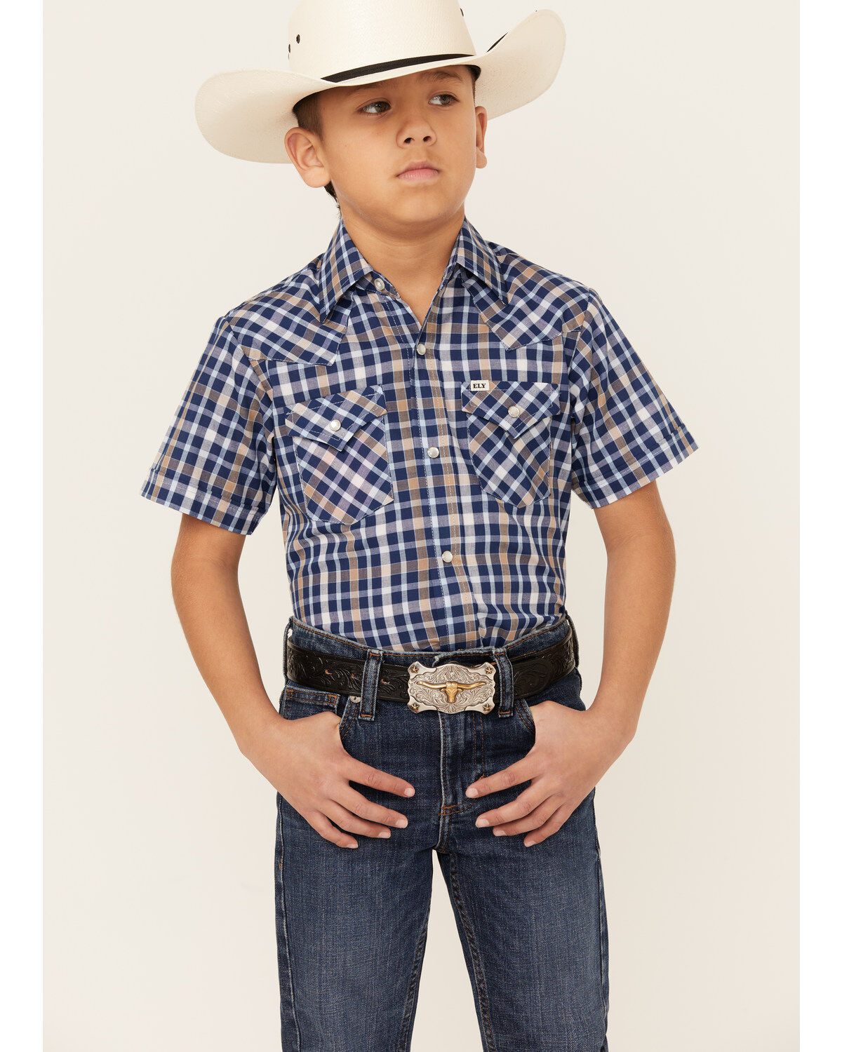 Ely Walker Boys' Plaid Print Short Sleeve Pearl Snap Western Shirt