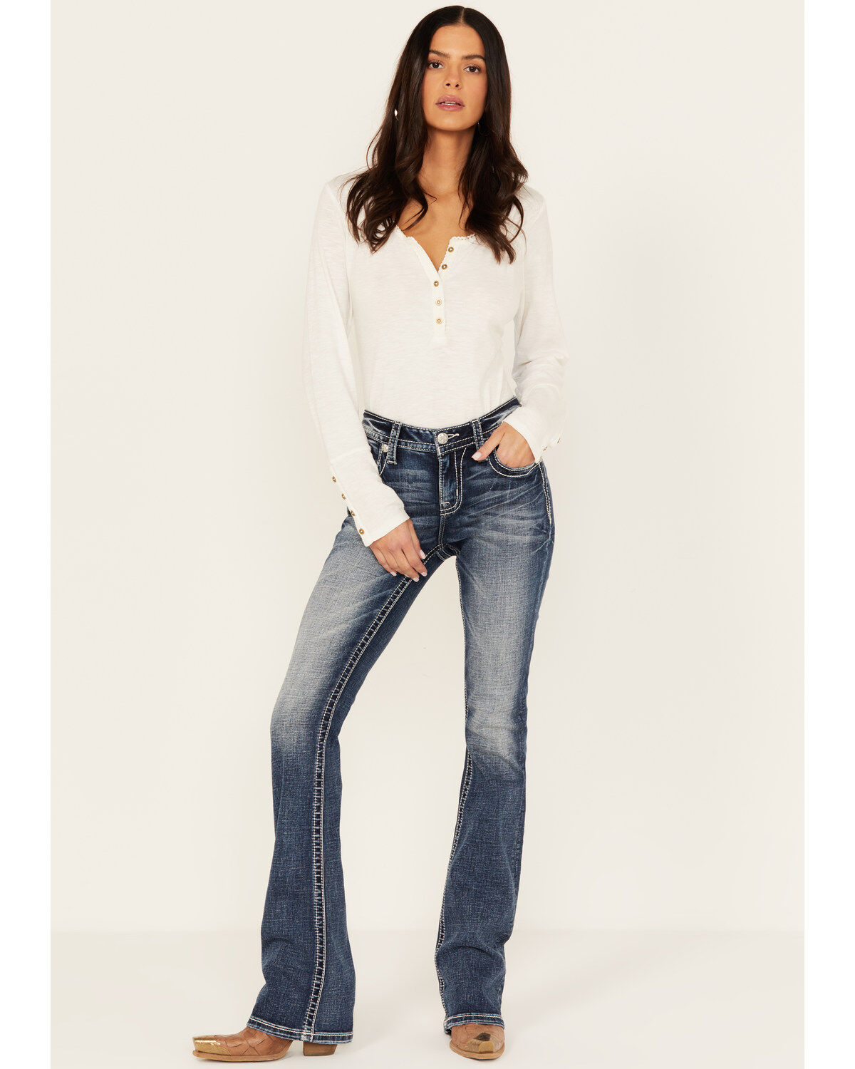 Miss Me Women's Dark Wash Mid Rise Faux Flap Pocket Bootcut Stretch Denim Jeans