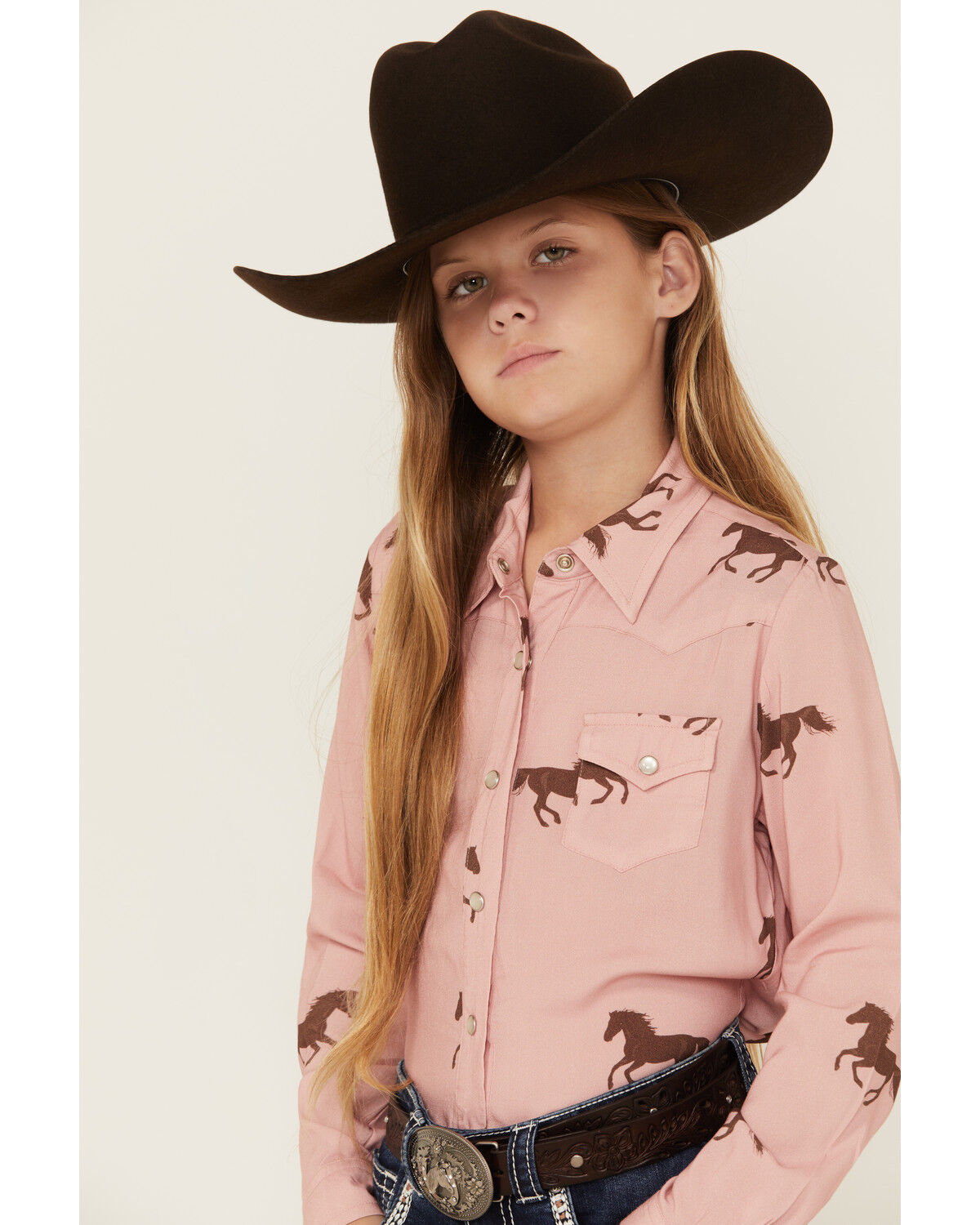 Roper Girls' Running Horse Print Long Sleeve Snap Western Shirt